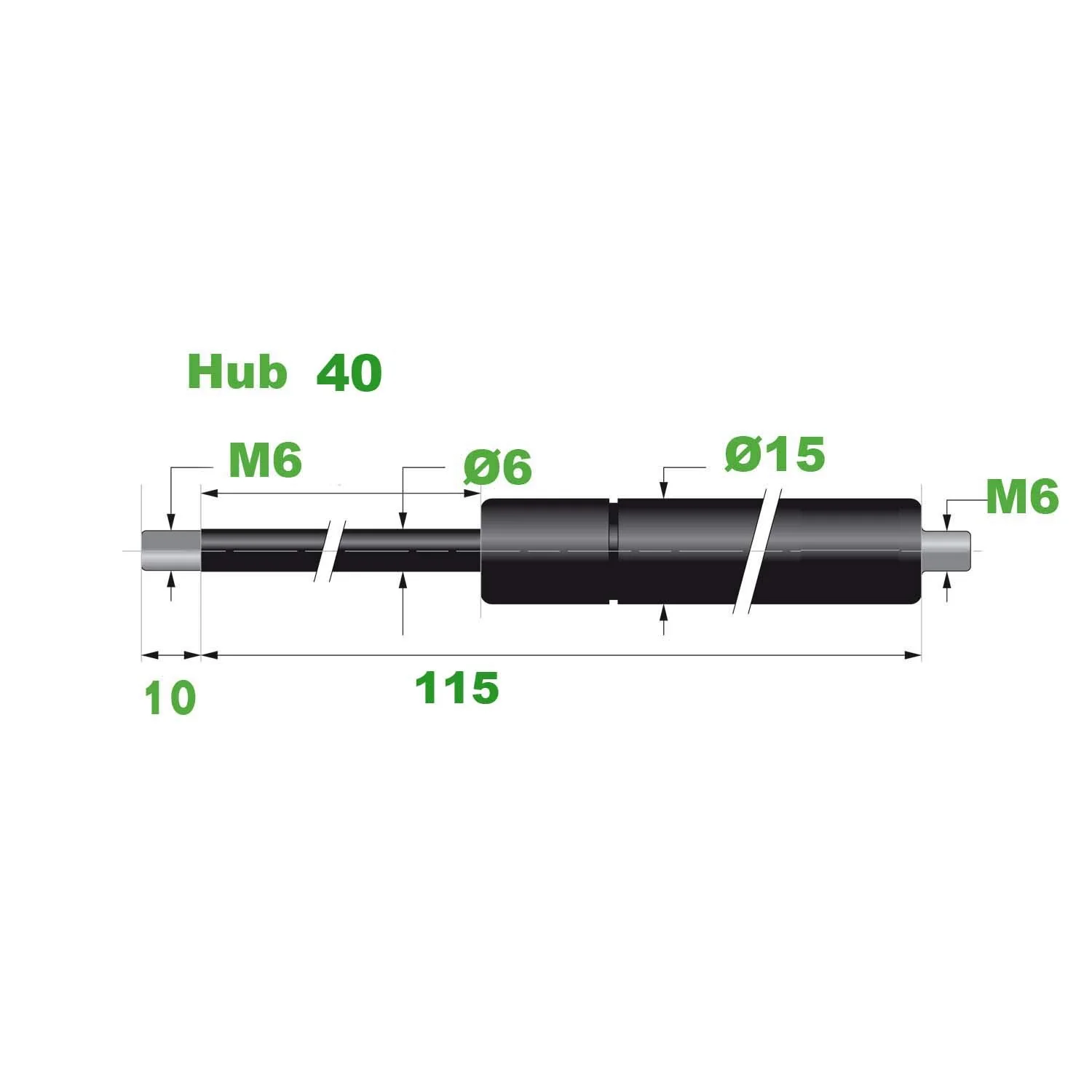 Gasdruckfeder Ø 6/15 M6 Hub=40 L=115 mm 400N(0128) - Image 2