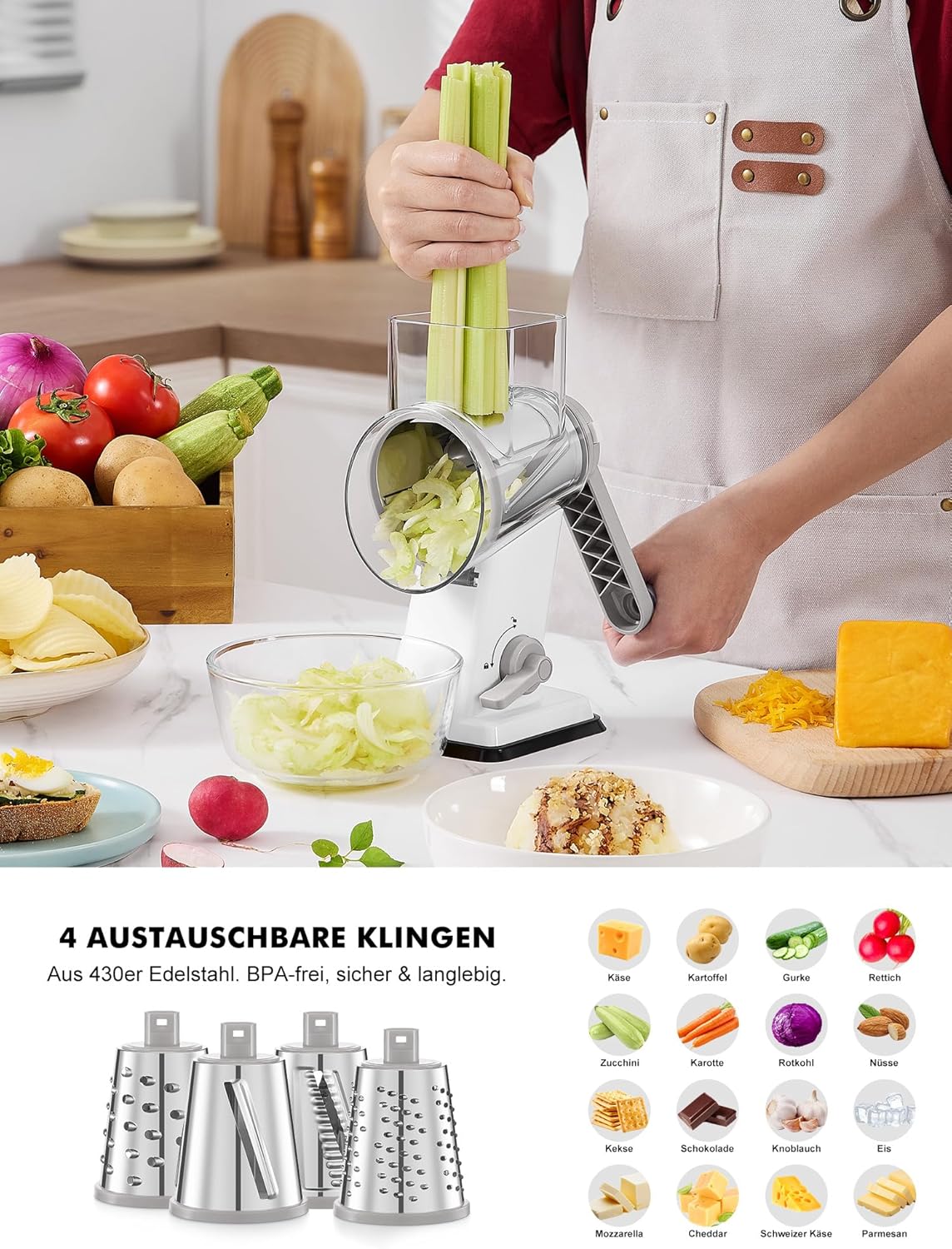 GDL Käsereibe, 4-in-1 Gemüsereibe, Küchenreibe für Käse, Gurke, Karotte und Andere Zutaten, Reibe fü - Image 3
