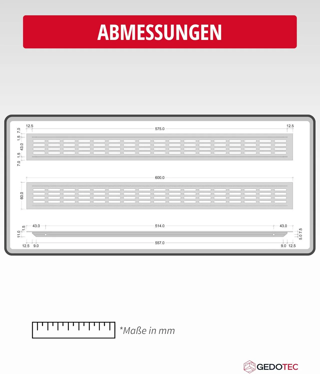 Gedotec Lüftungsgitter eckig aus Aluminium | 1 Stück Abluft-Gitter Edelstahl-Finish 600 x 60 mm | Tü - Image 2
