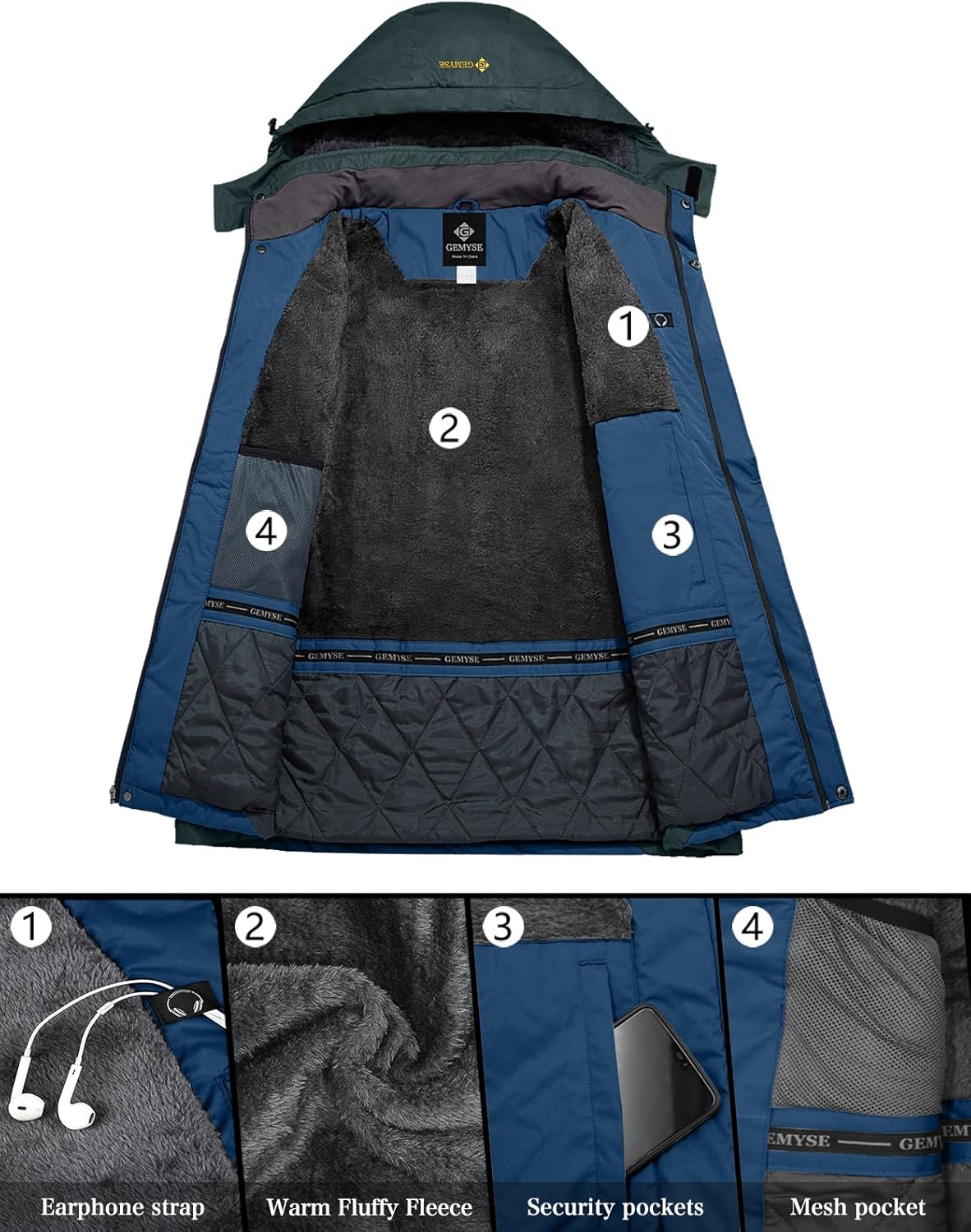 GEMYSE Herren Wasserdichte Berg-Skijacke Winddichte Fleece Outdoor-Winterjacke mit Kapuze XL Lilabla - Image 5
