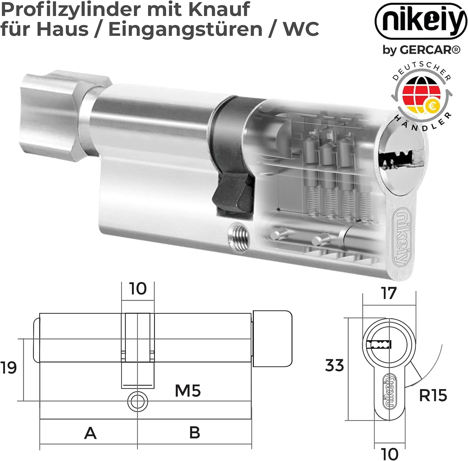 GERCAR 8x Knaufzylinder gleichschliessend 8 Schliesszylinder 30/30 inkl. 40 Schlüssel - 60 mm - Türs - Image 4
