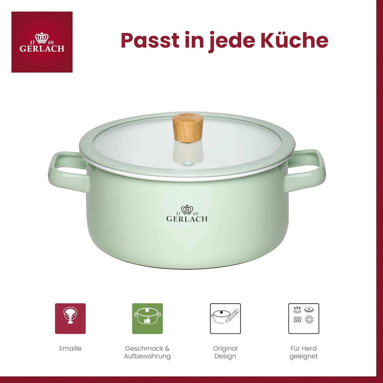 Gerlach 1760 Topf Kochtopf - 20 cm 3 L Emaille - Alle Herdarten - Deckel aus gehärtetem Glas - Paste - Image 3