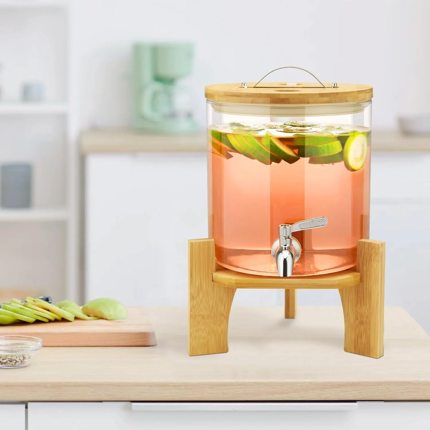 Getränkespender mit Ständer, 5L Getränkespender aus Glas mit rostfreiem Wasserhahn, Getränkespender - Image 5