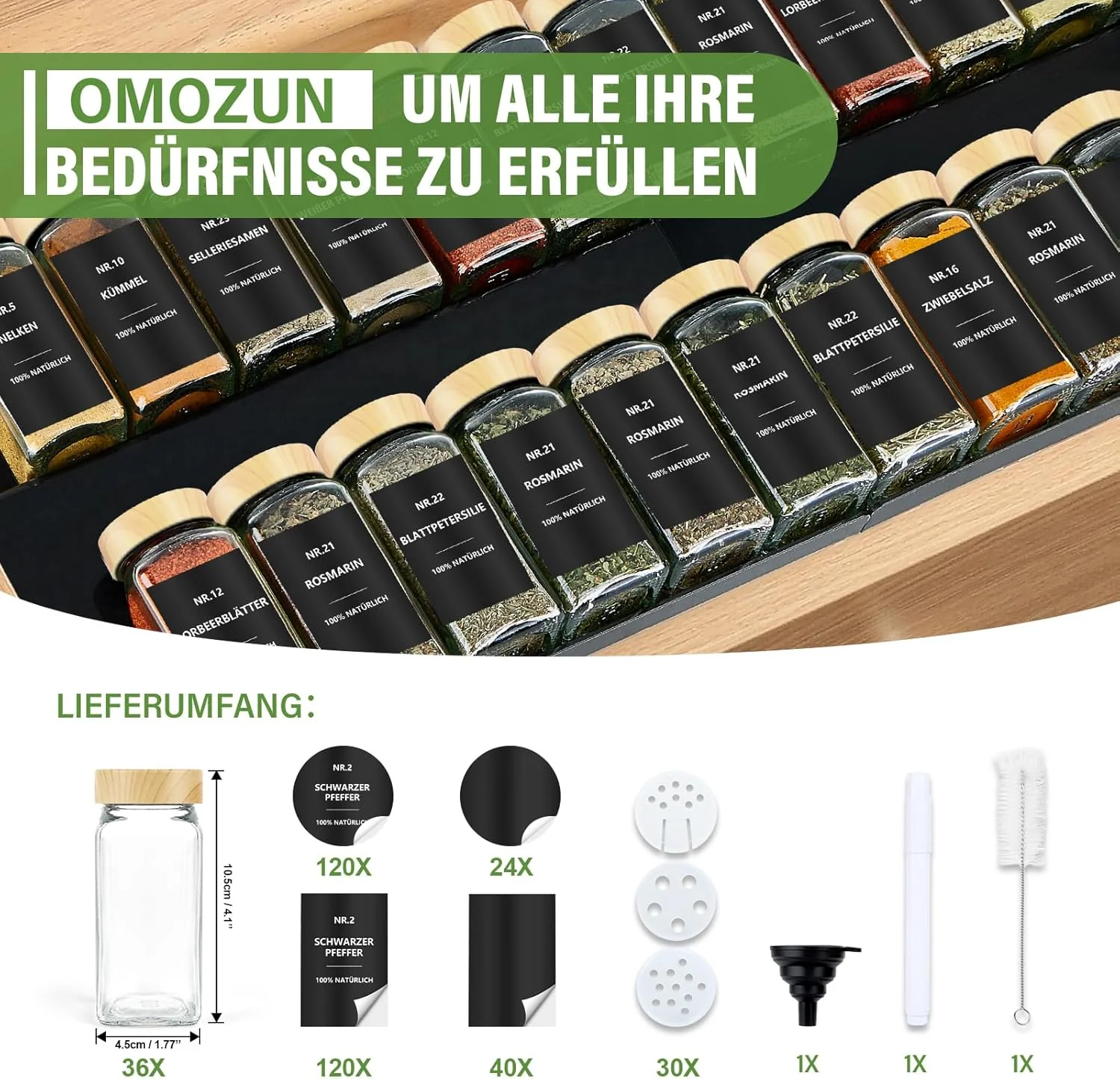 Gewürzgläser Eckig mit Etiketten Set 36er: Kleine Gewürzdosen Glas 120ml mit Streueinsatz Wasserfest - Image 2