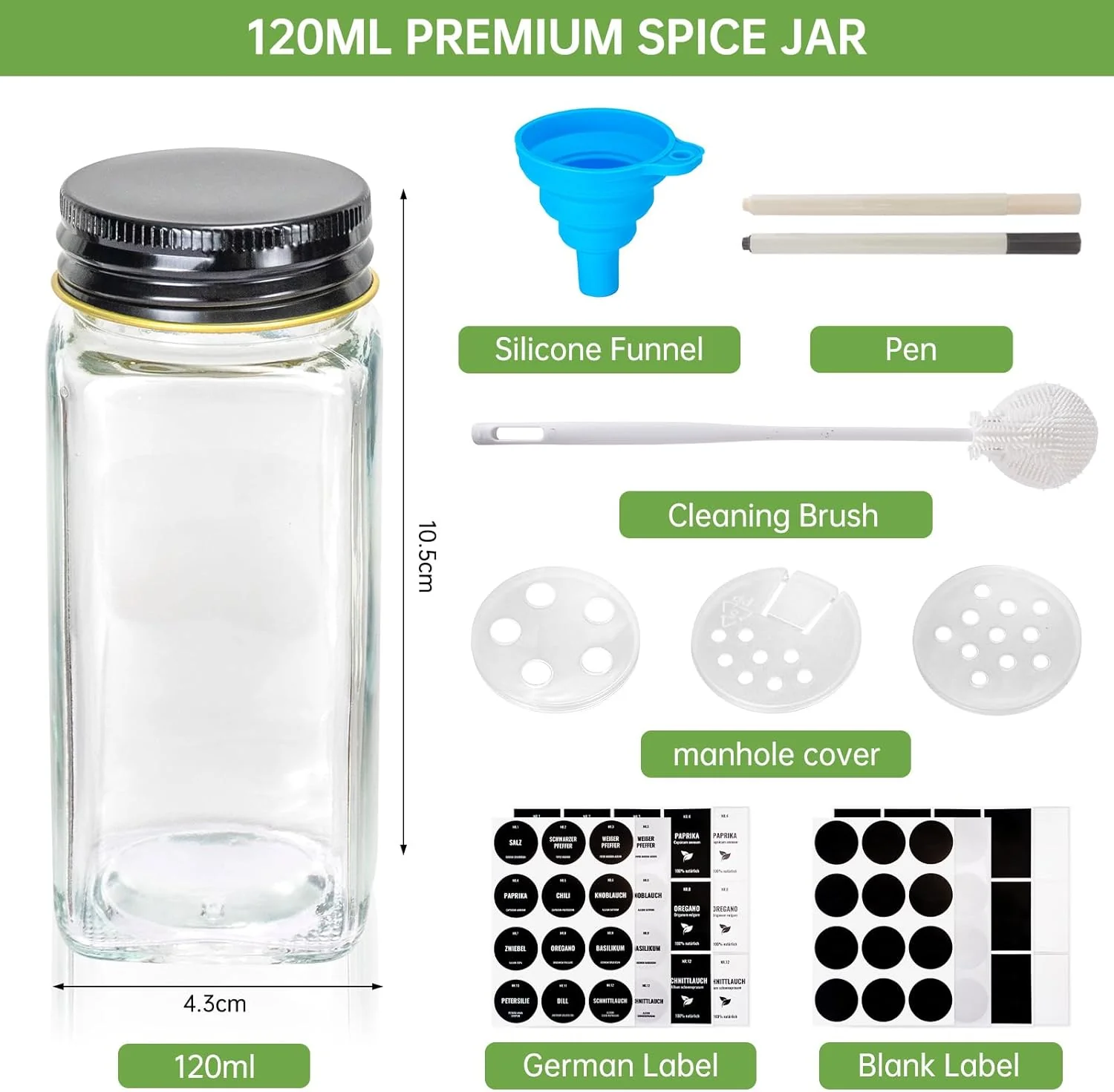 Gewürzgläser Eckig Set 24er, Gewürzdosen Glas 120ml, Gewürzstreuer Mit Schwarz Deckel, Gewürz Organi - Image 2