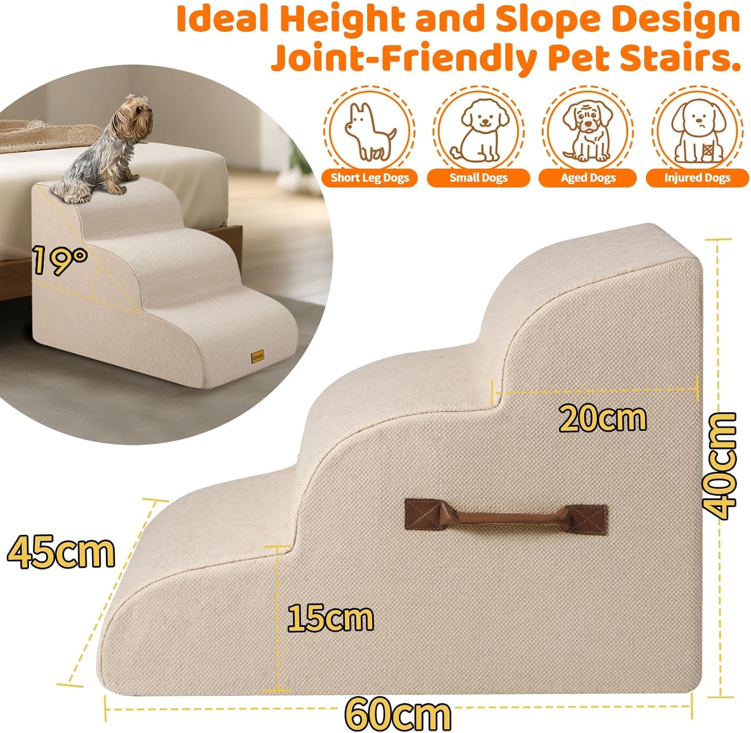Gimars Hundetreppe mit 30D Hochdichtem Schaum & Extra-Breiten Stabilen 3 Stufen 40 cm hoch, Abnehmba - Image 3