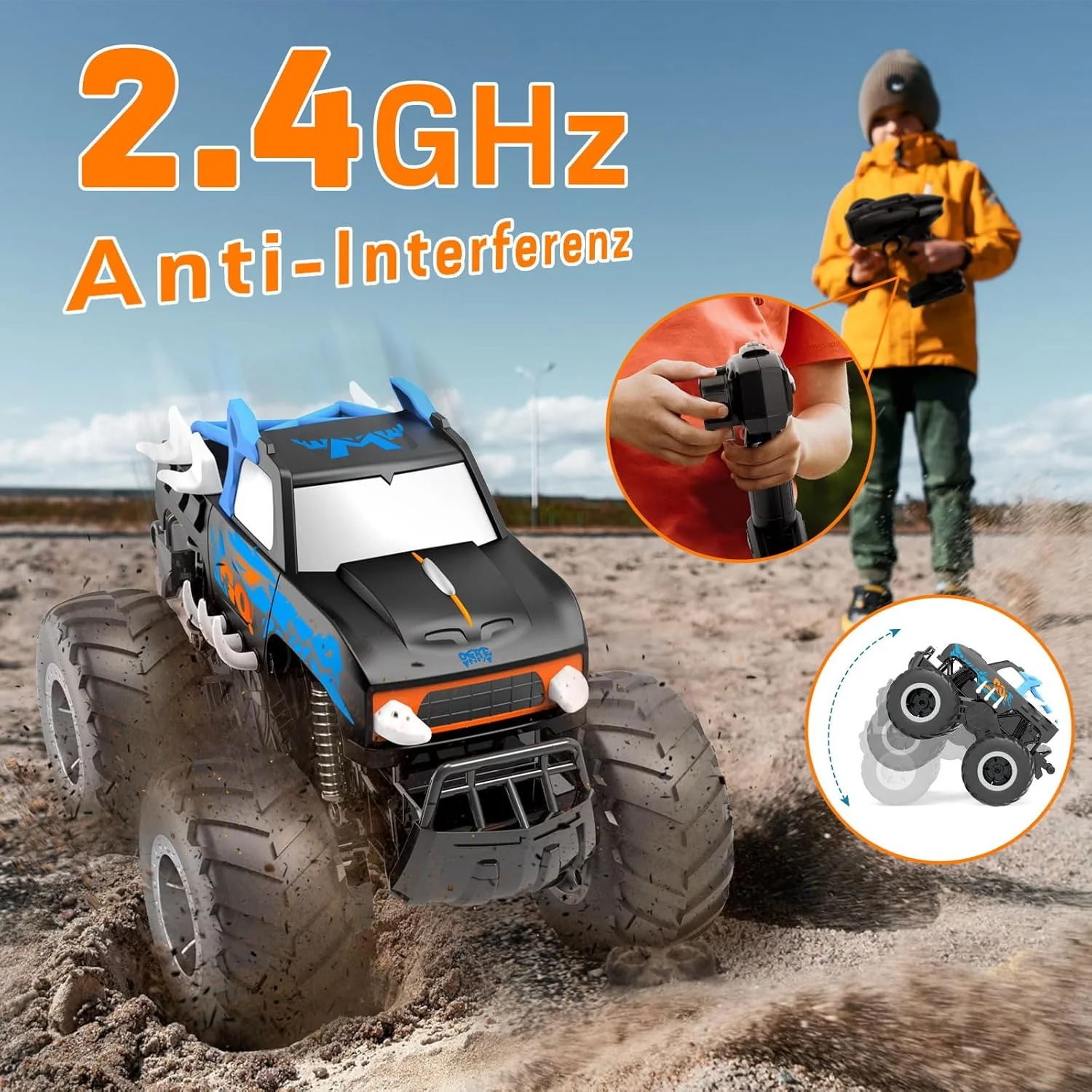 Gindoly Ferngesteuertes Auto,2,4 GHz Ferngesteuerter Monstertruck, 4WD 15+ km/h Hobby Offroad RC Aut - Image 5