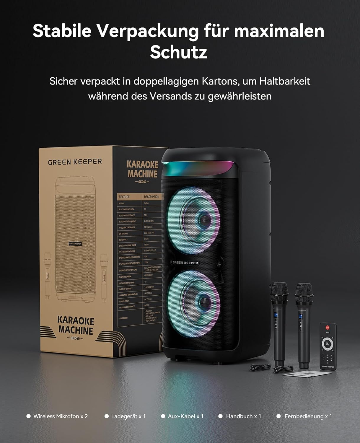 GKD60 Karaoke Maschine mit 2 Mikrofonen 4-13 Stunden Akkulaufzeit Karaoke Anlage 500W Spitzenleistun - Image 6