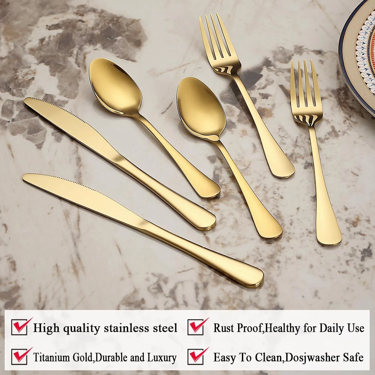 Gold Besteck Set 36 Teile Service für 12, Edelstahl Messer Löffel Gabeln Set für Hochzeit, Partys, A - Image 3