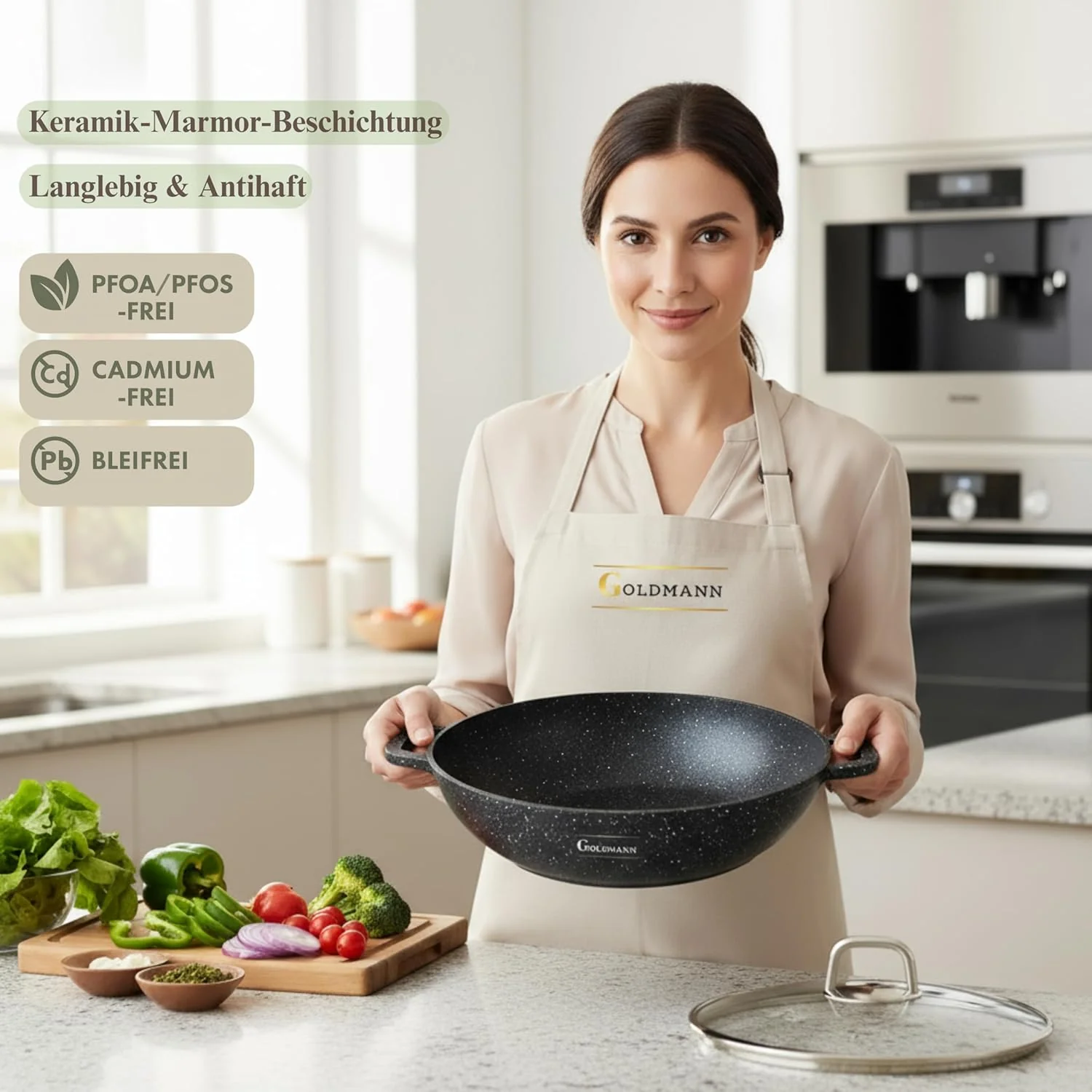 GOLDMANN Premium Gussaluminium Servierpfanne 28 CM (4.1L) mit Glasdeckel – Keramik Marmor Antihaftbe - Image 4