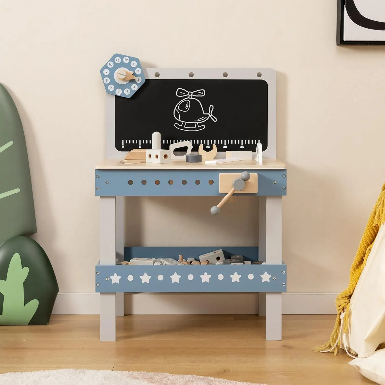 GOPLUS Kinder Werkzeugbank, Werkbank aus Holz mit Tafel, Uhr, Arbeitsplatte mit Steckplätzen & unter - Image 7