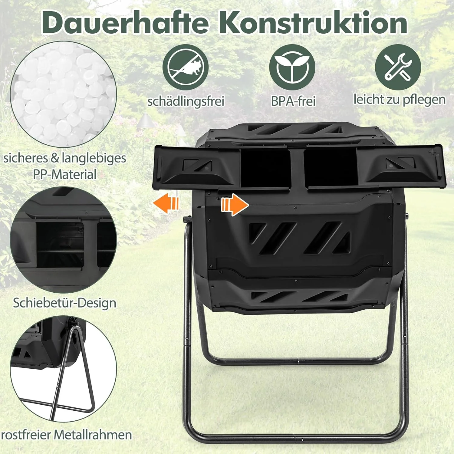 GOPLUS Trommelkomposter, 160L Tumbling Komposter mit 2 Kammern, 2 Schiebetüren, Metallrahmen & 16 Lü - Image 4