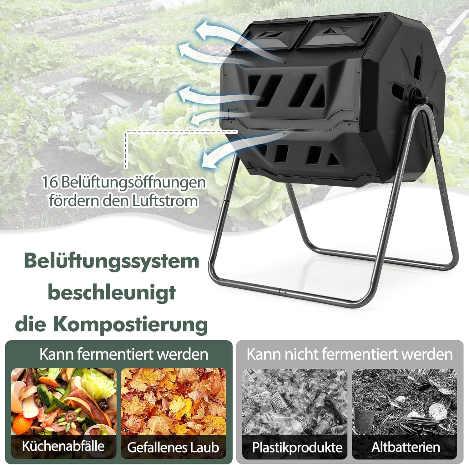 GOPLUS Trommelkomposter, 160L Tumbling Komposter mit 2 Kammern, 2 Schiebetüren, Metallrahmen & 16 Lü - Image 5
