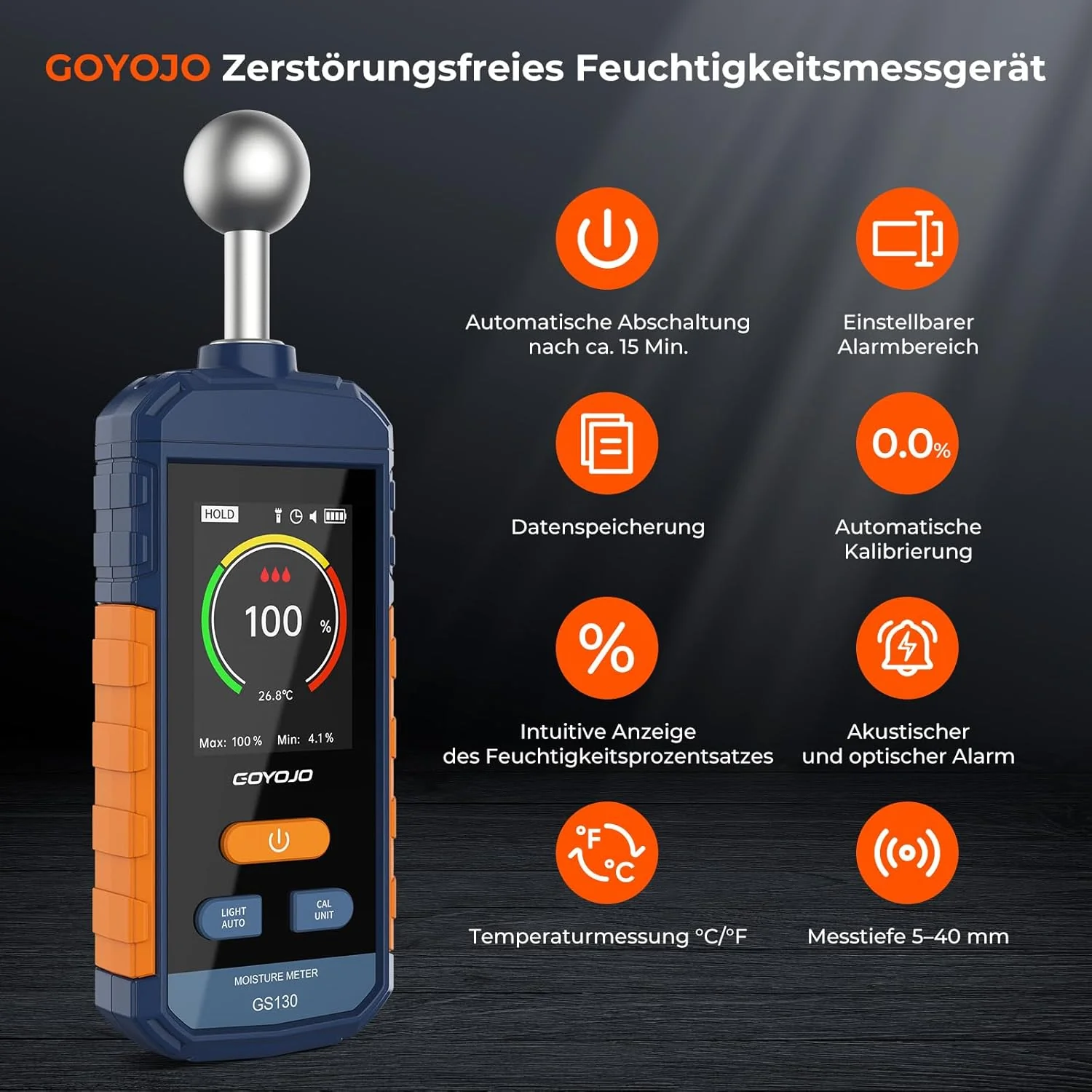 GOYOJO Wiederaufladbar Feuchtigkeitsmessgerät Wand, Feuchtigkeitsmesser mit 5-40mm Kugelsensor, Zers - Image 3
