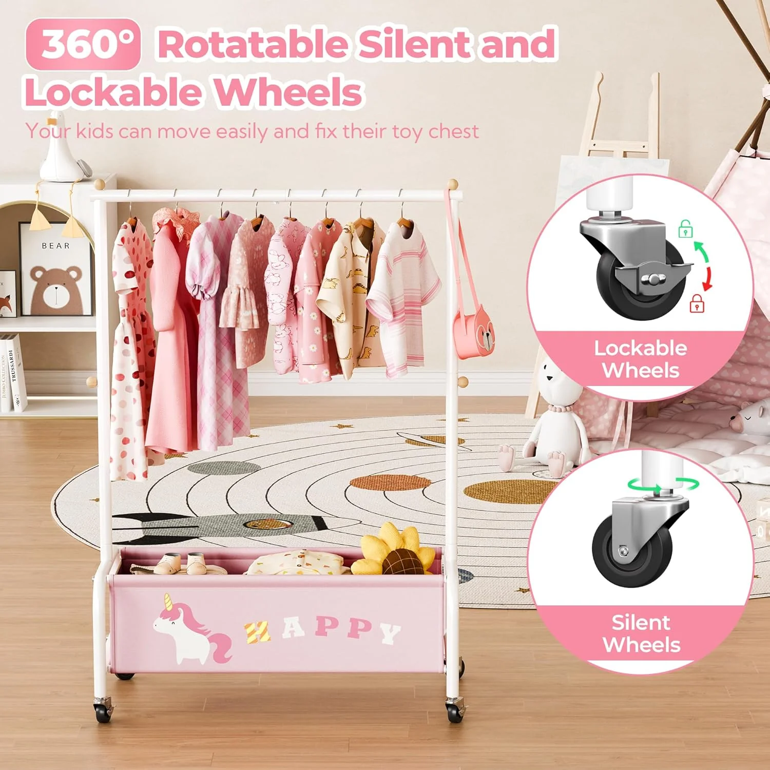 GRANNY SAYS Kleiderständer Kinder mit Aufbewahrungskiste, Kinder Kleiderstange auf Rollen, rosa Kind - Image 4