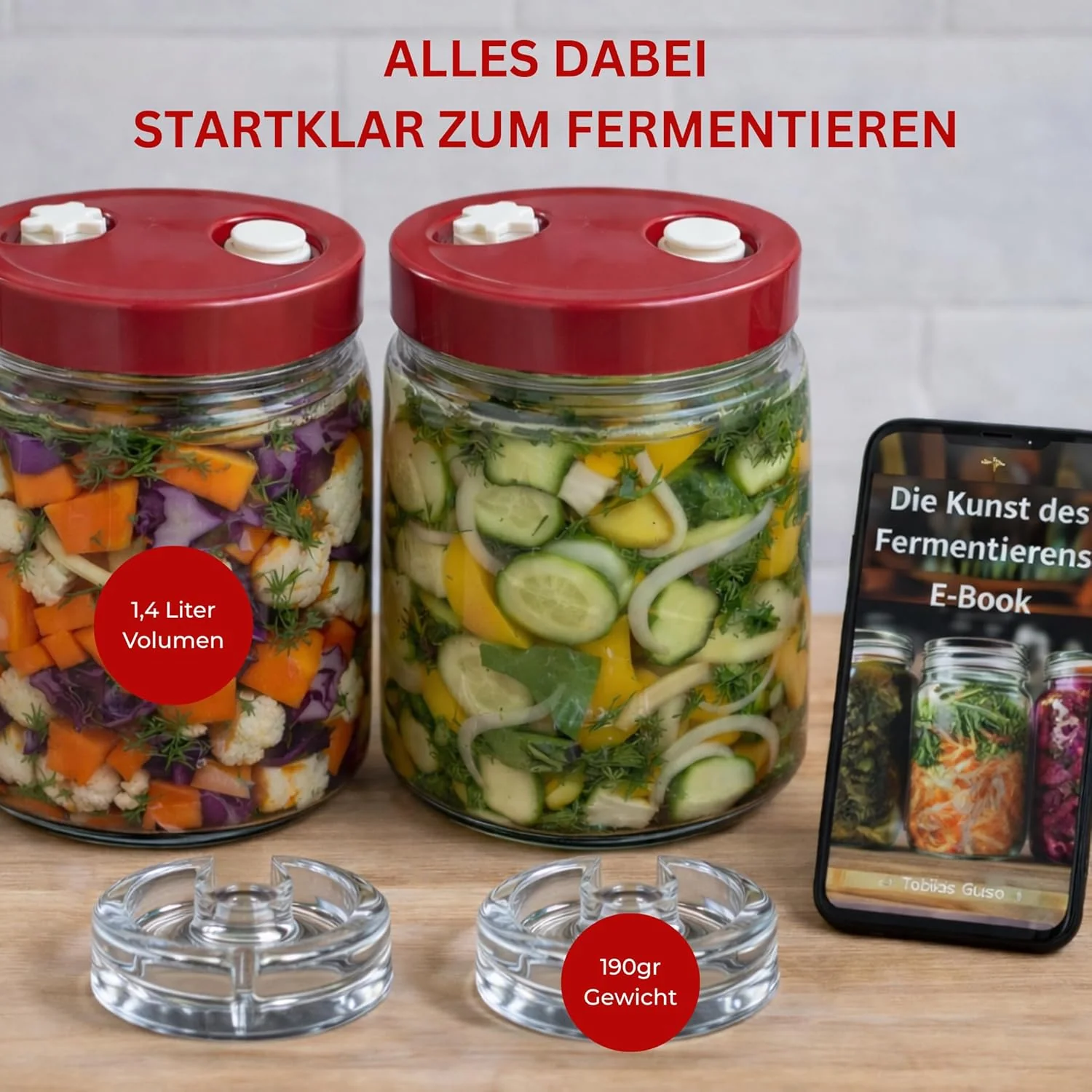 GREEN WISE Fermentierglas Set 2er – je 1,4L mit Gärventil & Deckel – inkl. 2 Fermentiergewichte – Ei - Image 2