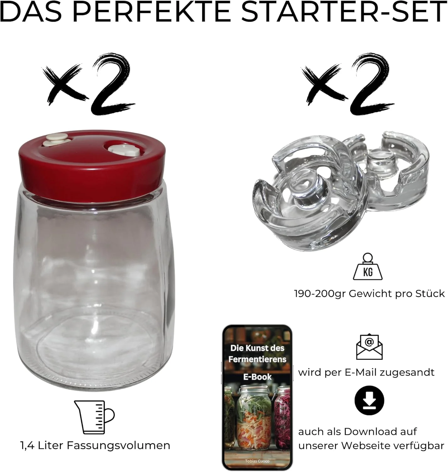 GREEN WISE Fermentierglas Set 2er – je 1,4L mit Gärventil & Deckel – inkl. 2 Fermentiergewichte – Ei - Image 8