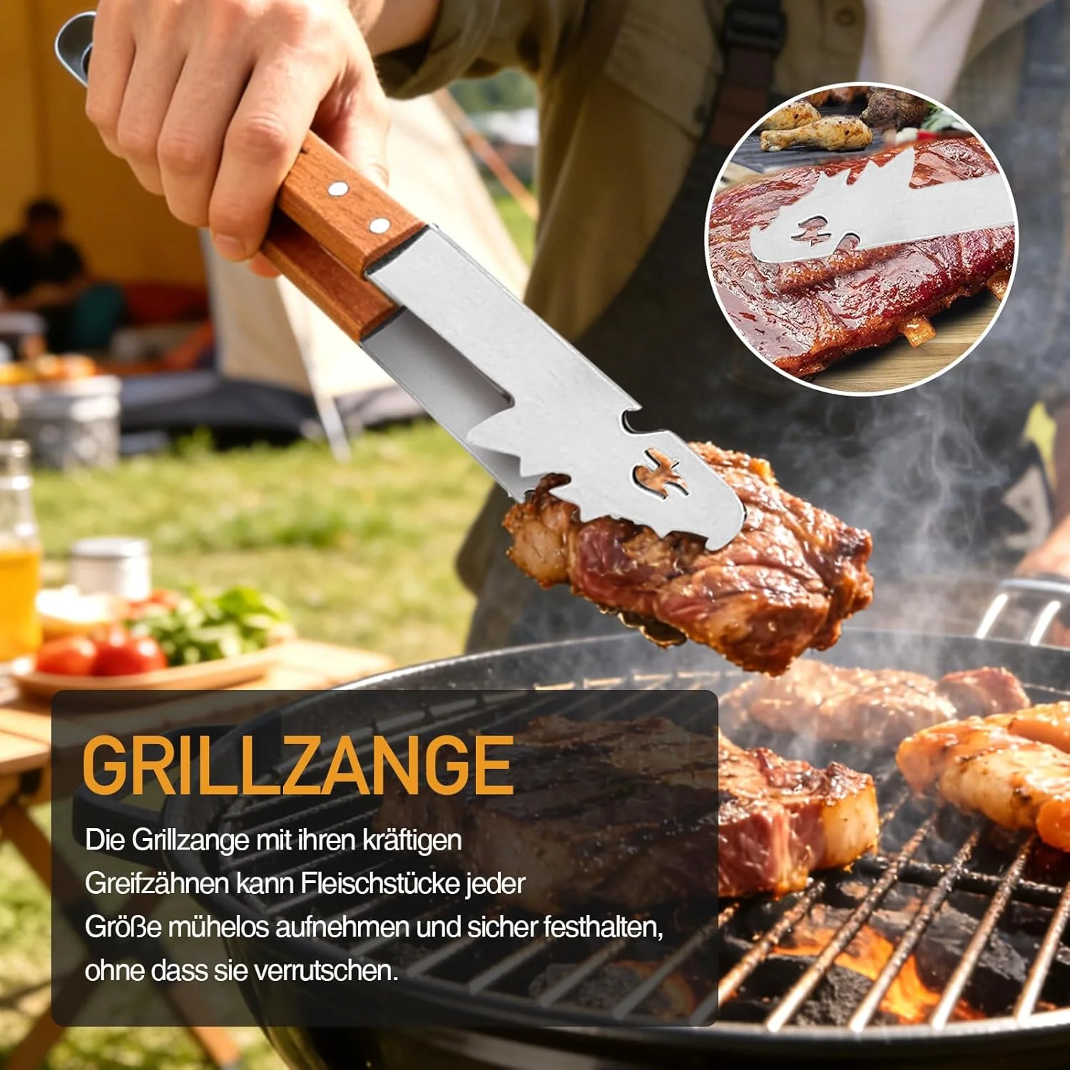 Grillbesteck-Set 3-TLG Aufhänge-Ösen, Grillzubehör mit Grillzange, Grillwender, Fleischgabel, Extra - Image 4