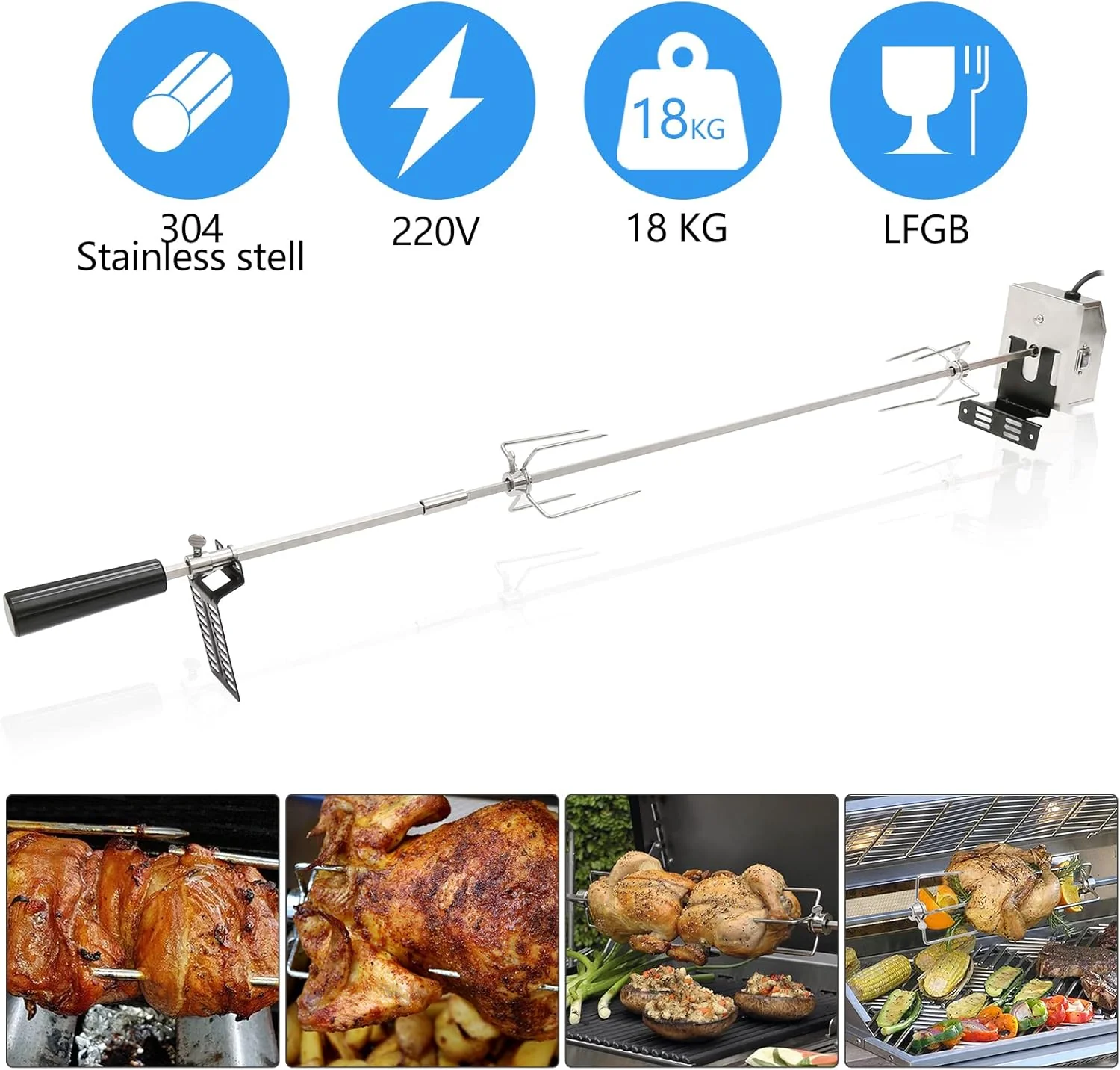 Grillspiess Set, 107cm Drehspiess mit 2X Fleischnadeln, Grillspiess mit Edelstahl Motor, 220V - 240V - Image 3
