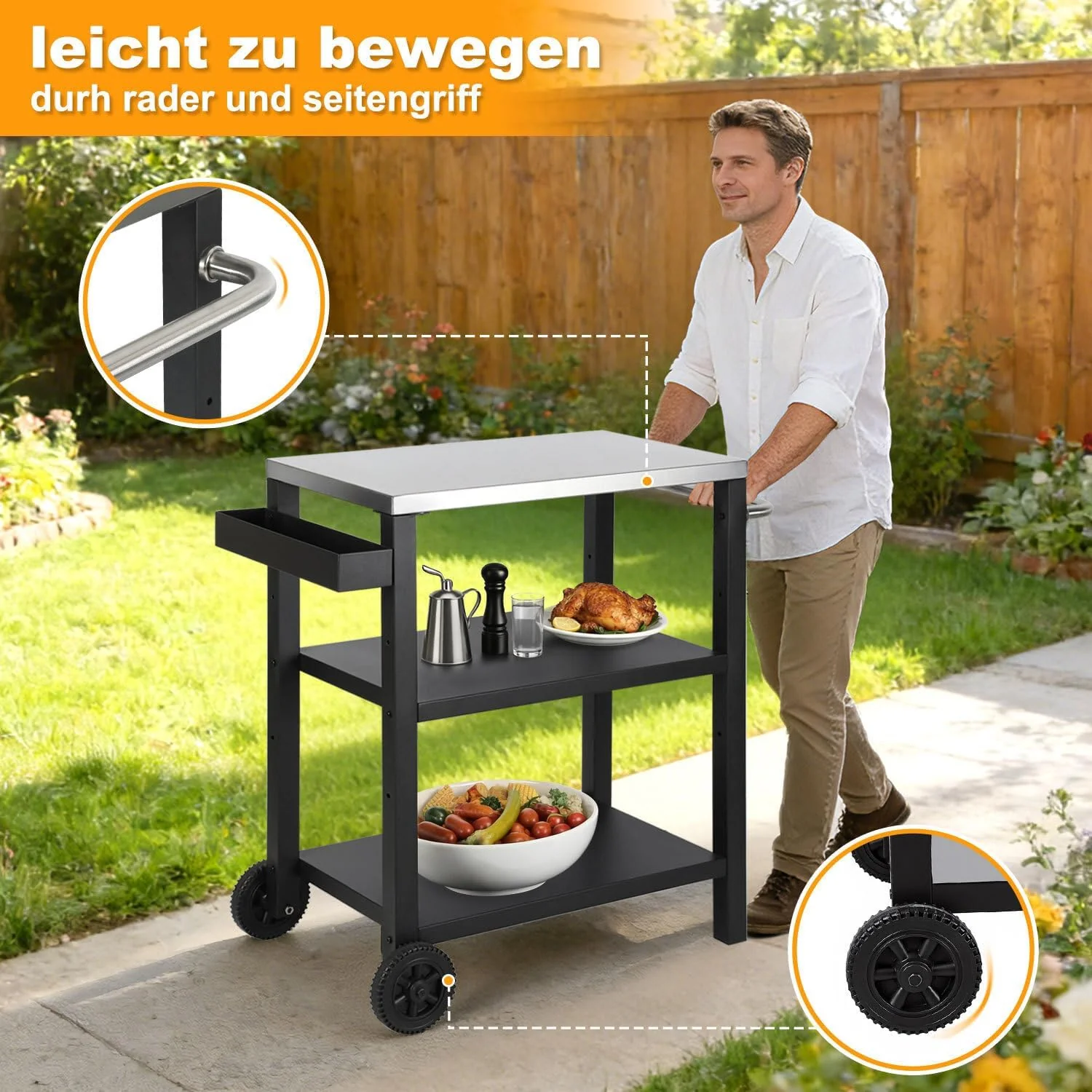 Grillwagen Höhenverstellbar Outdoor, Grilltisch mit Griff & Gewürzregal, 3 Ablagen, 6 Haken, Servier - Image 5
