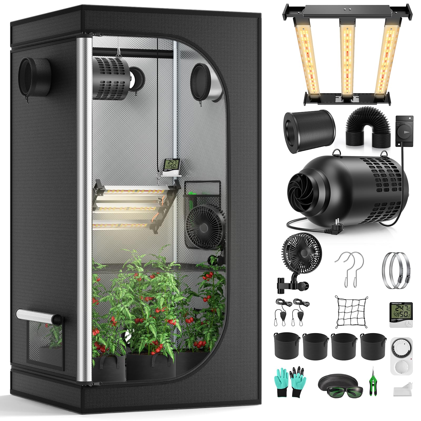 Growzelt Komplettset mit M1500 LED Vollspektrum Grow Lampe 80x80x160cm Grow Tent 4" 215 CFM 3000RPM