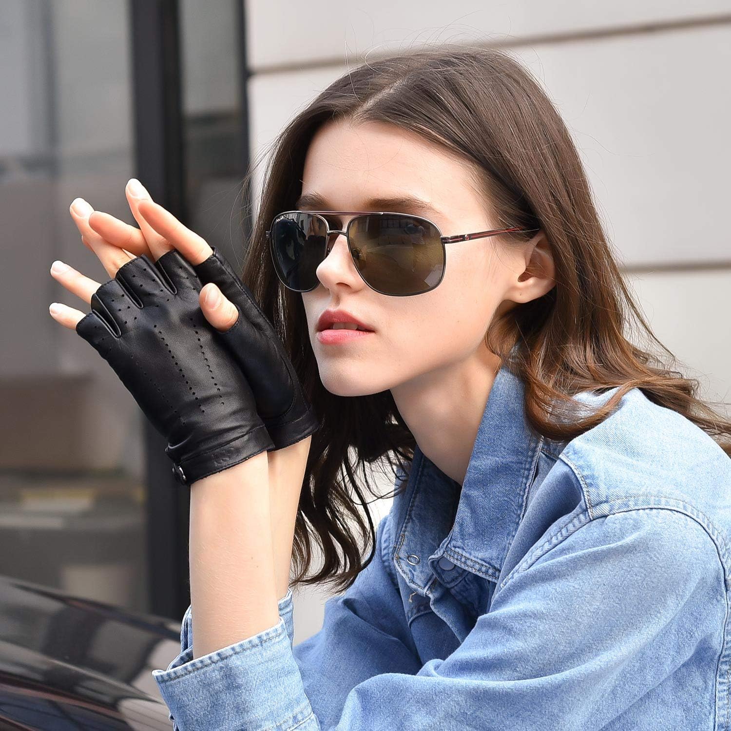 GSG SINCE 1998 Halbfinger Lederhandschuhe Damen – Fingerlose Fahrhandschuhe aus weichem Schafsleder, - Image 2