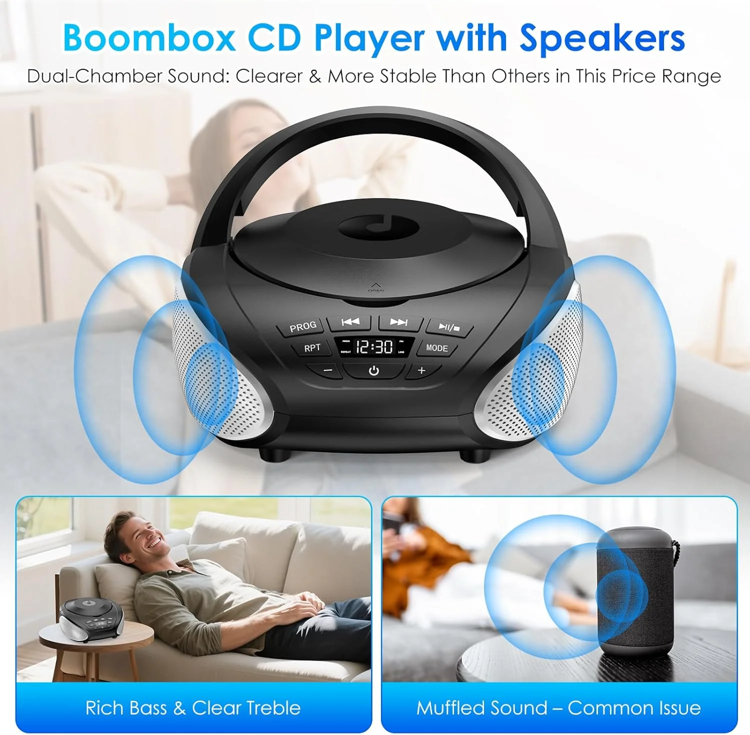 Gueray Tragbarer CD-Player Boombox Kompakt-Radio mit Stereo-Lautsprechern UKW-Radio 3,5-mm-AUX-Einga - Image 5