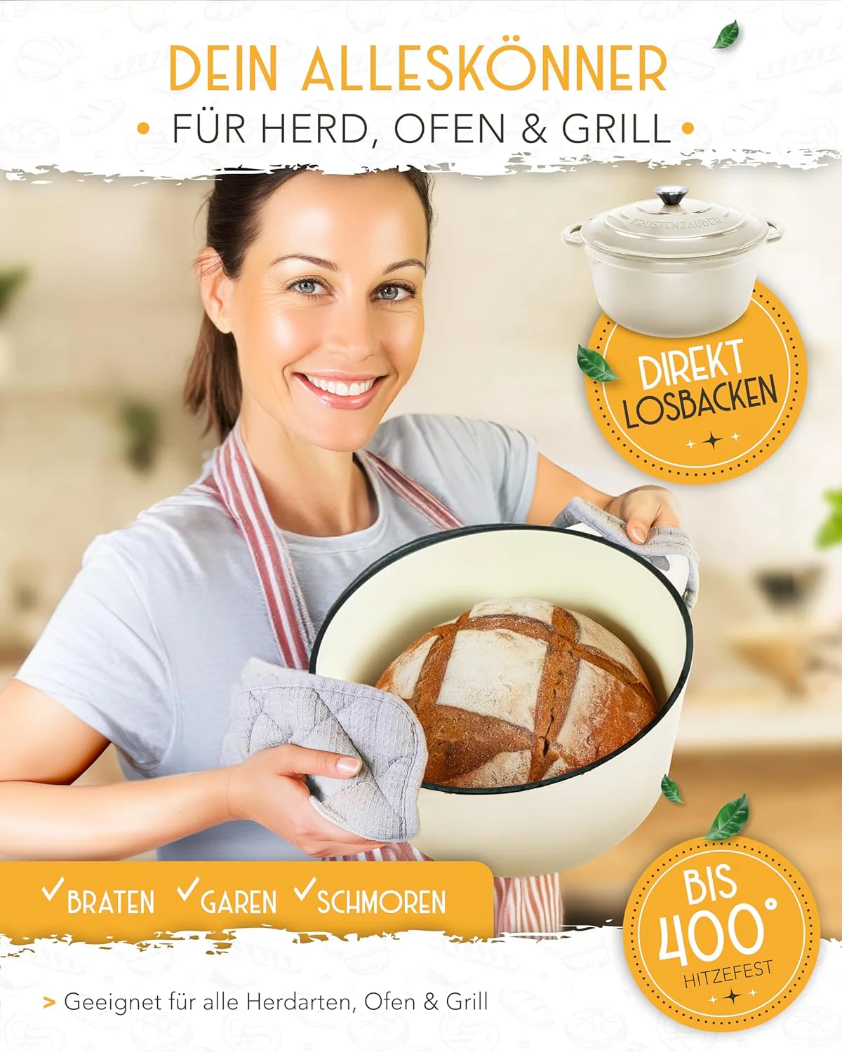 Gusseisen Topf Brot Backen emailliert im XXL Set - Brotbackform mit Deckel inkl Gärkorb, Schneebesen - Image 5