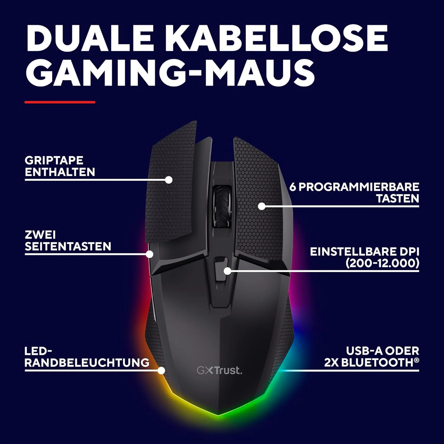GXTrust 122 Felox+ Kabellose Gaming Maus Bluetooth + 2.4GHz mit Grip Pads, 12K DPI, 40 Stunden Akkul - Image 2