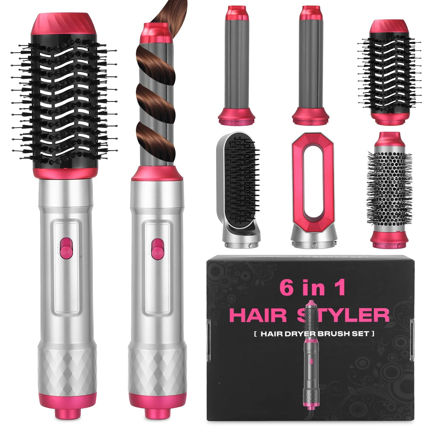 Haarstyler 6 in 1,Warmluftbürste mit 1000W Haarföhn,Lockenstab,Warmluftbürste,Rundbürstenföhn,Glättb