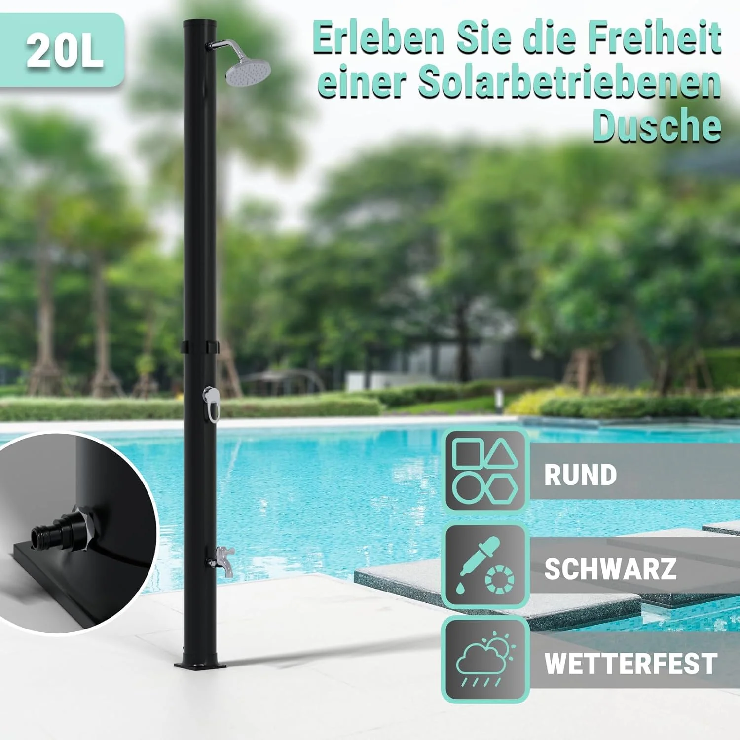 HAGO Solardusche | 20L | rund | Schwarz | Pooldusche | Campingdusche | Gartendusche | Outdoor Fussdu - Image 2