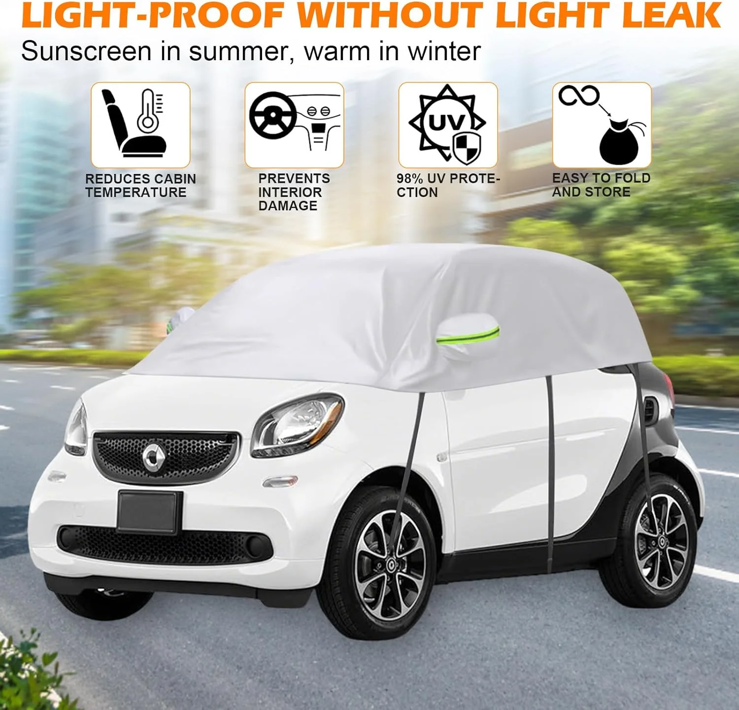 Halbgarage Autoabdeckung Wasserdicht Passend für Smart Fortwo 2006-2025, 300D Atmungsaktiv Autoplane - Image 3