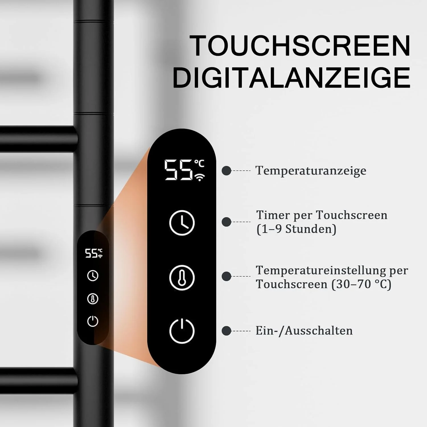 Handtuchheizkörper Elektrisch, 180°Drehung Handtuchwärmer Badheizkörper Elektrisch 850 × 520mm, Schw - Image 2