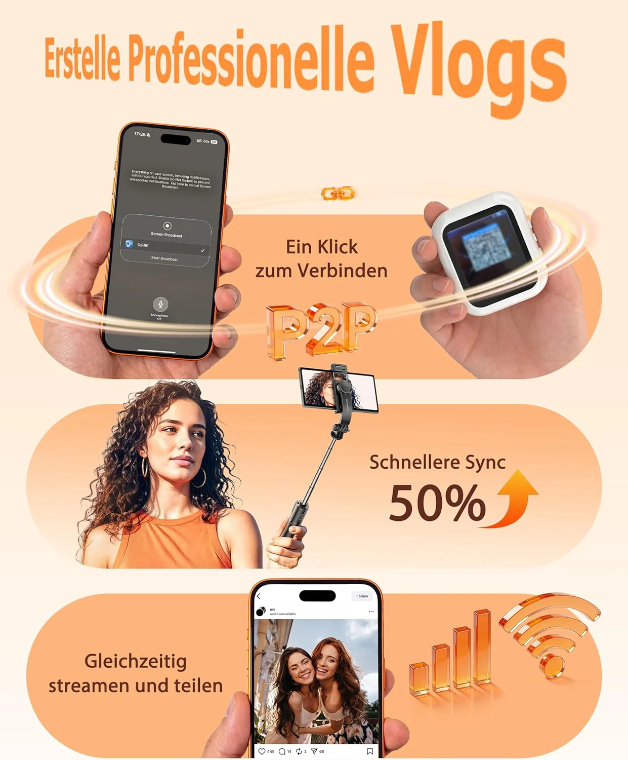 Handy Selfie Monitor für i-Phone/Android, Kabellos Magnetischer Vlog Selfie Monitor Bildschirm, Wire - Image 5