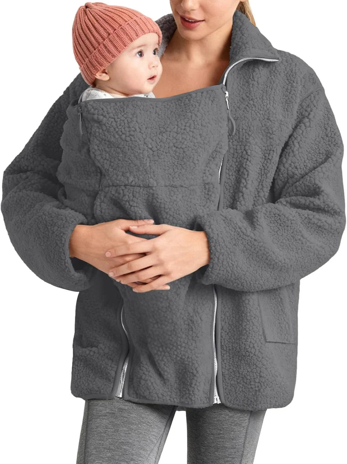 Hauetro Umstandsjacke mit Babyeinsatz Warm Teddy Fleecejacke Umstands Baumwolljacke Winter Umstandsm - Image 2