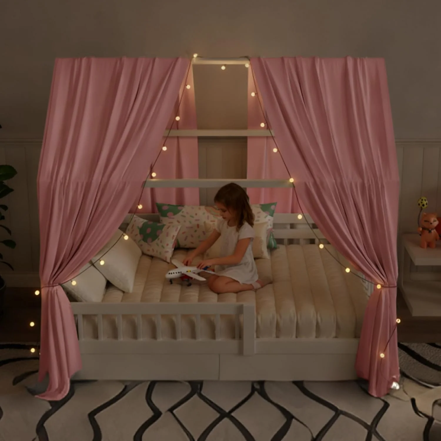 Hausbett Himmel mit Lichterkette 2 Stück Deko Baldachin Hausbett Vorhang,Betthimmel Musselin Stoffhi - Image 6