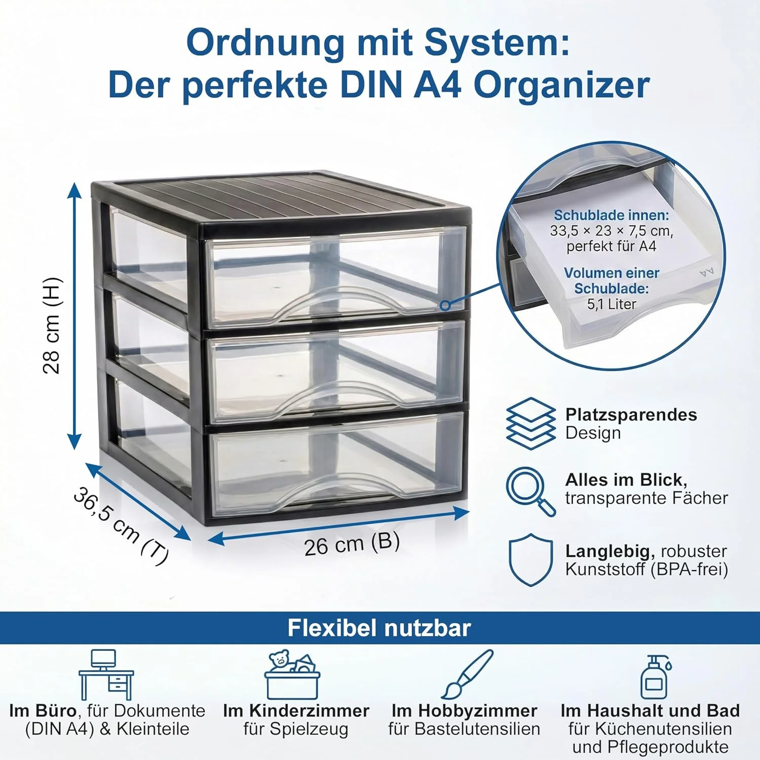 Hausfelder Schubladenbox A4, Box mit 3 Schubladen, Büro Organizer und Schreibtisch Ablagesystem Ordn - Image 2