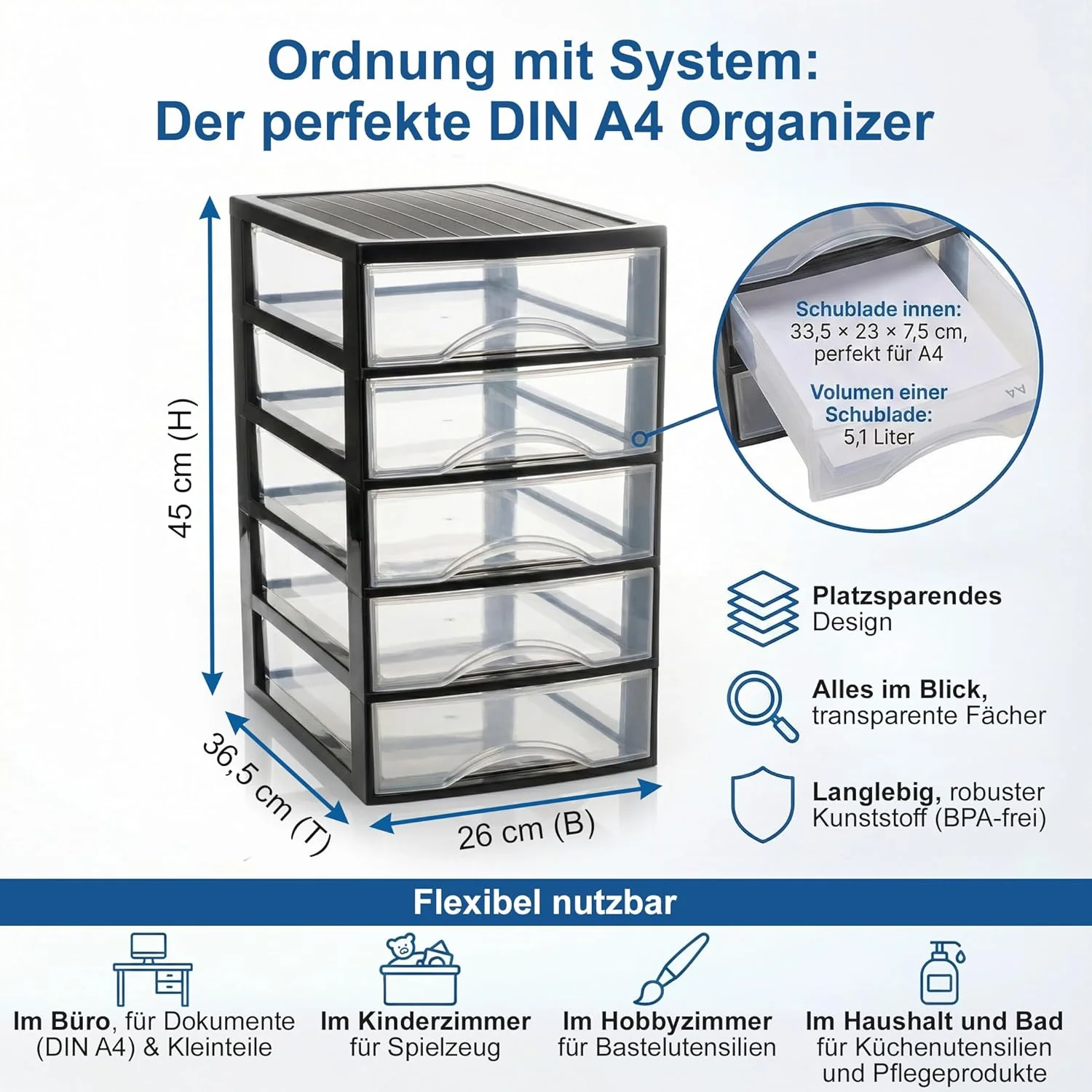 Hausfelder Schubladenbox A4 mit 5 Schubladen, Transparente Kunststoff Schubladenbox für Schreibtisch - Image 2