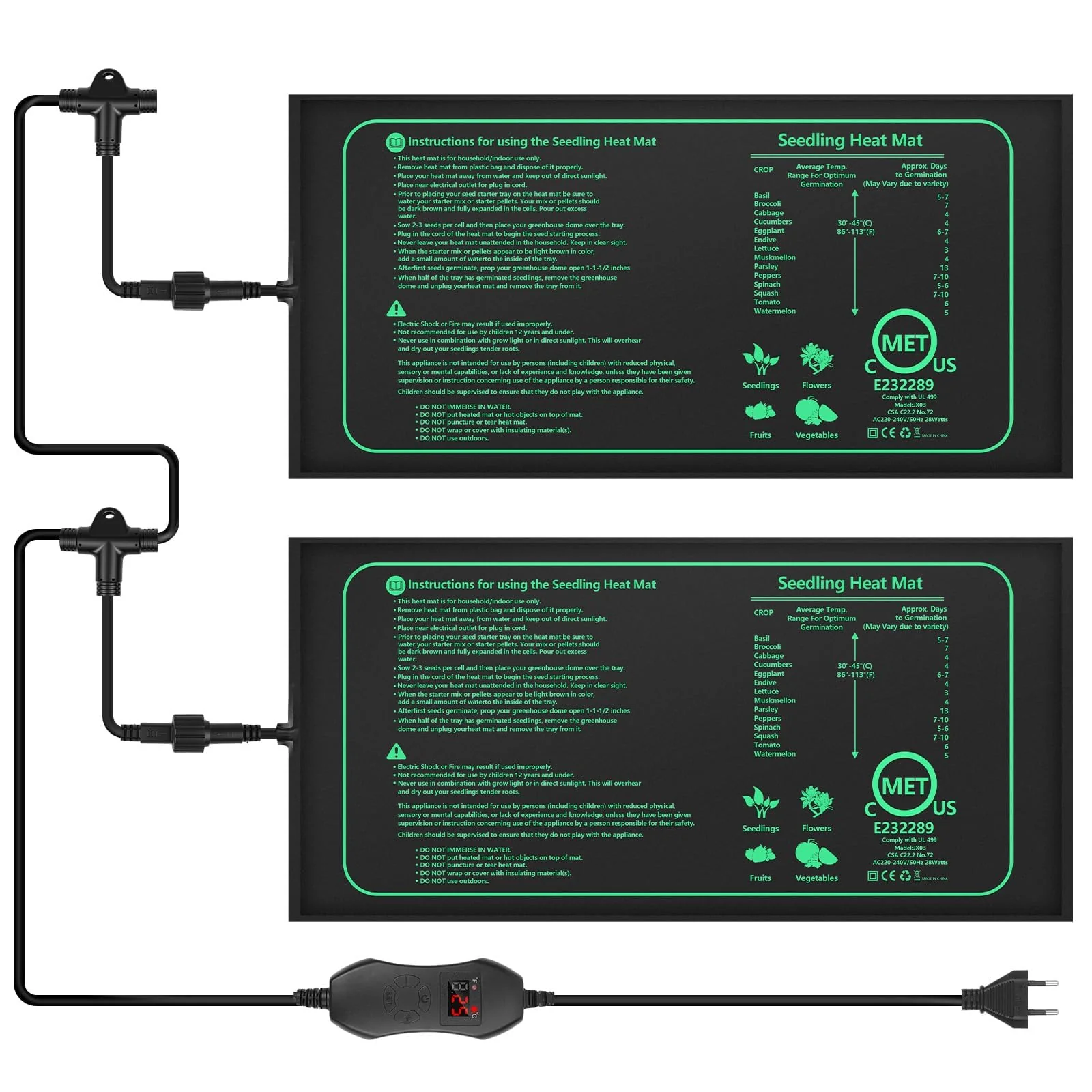 Heizmatte Pflanzen mit Thermostat, Zimmergewächshaus Wärmematte 30 Watt, 2 Heizmatten mit 1 Controll