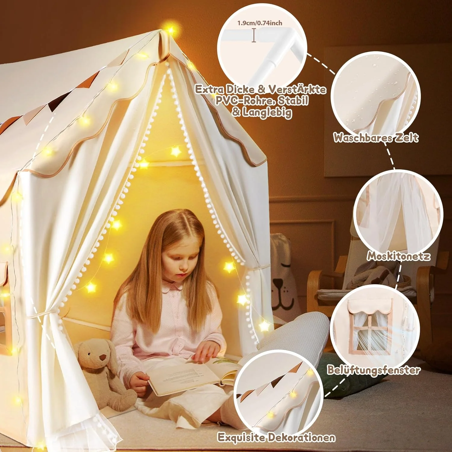 Herenear Kinderzelt mit 2 Eingängen, Spielzelt Kinder Indoor mit Lichtern und Zeltunterlage, Spielha - Image 4