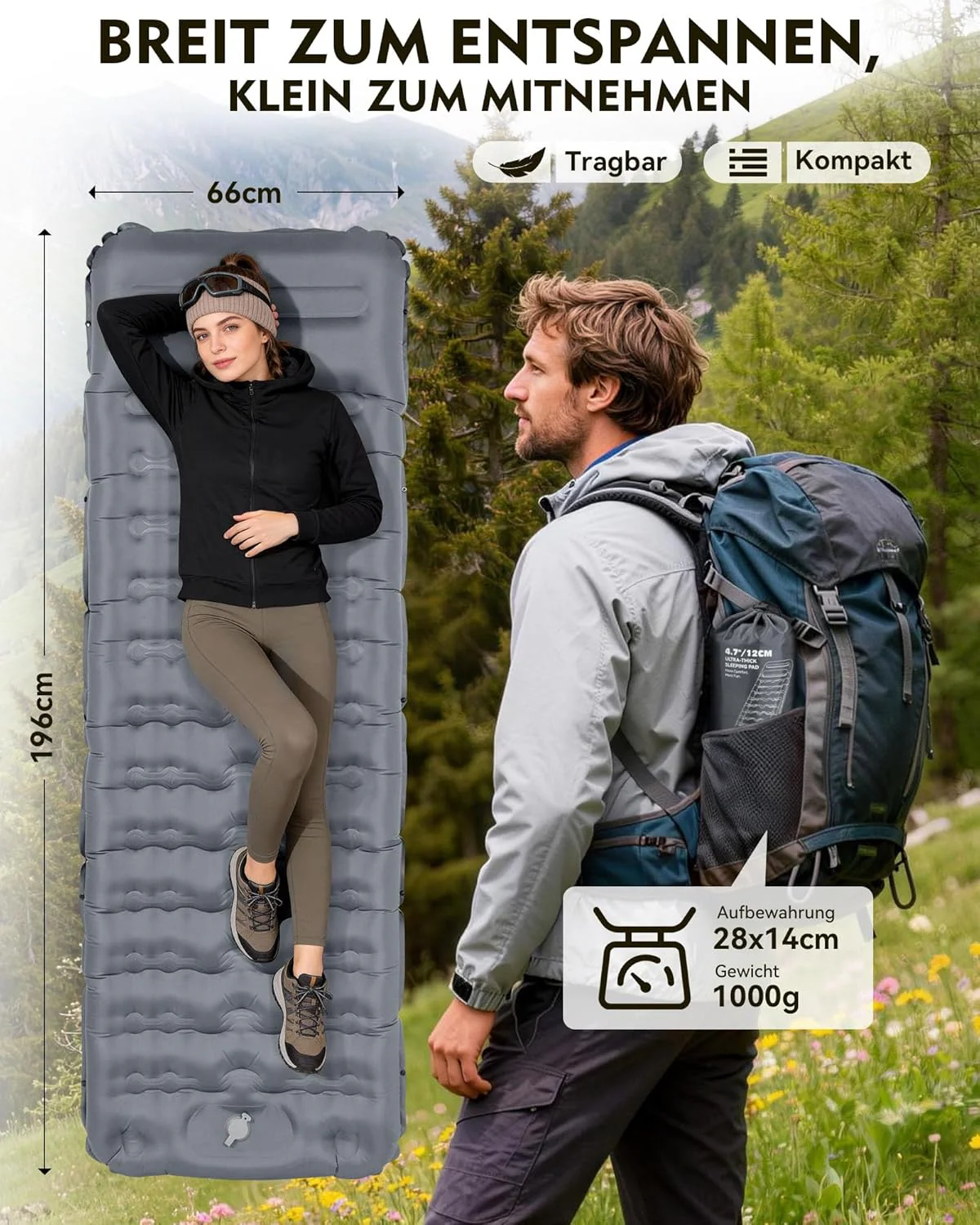 HIKENTURE Isomatte Camping, 12CM Ultradicke Isomatte Ultraleicht mit Kissen, Aufblasbare Matratze Kl - Image 6