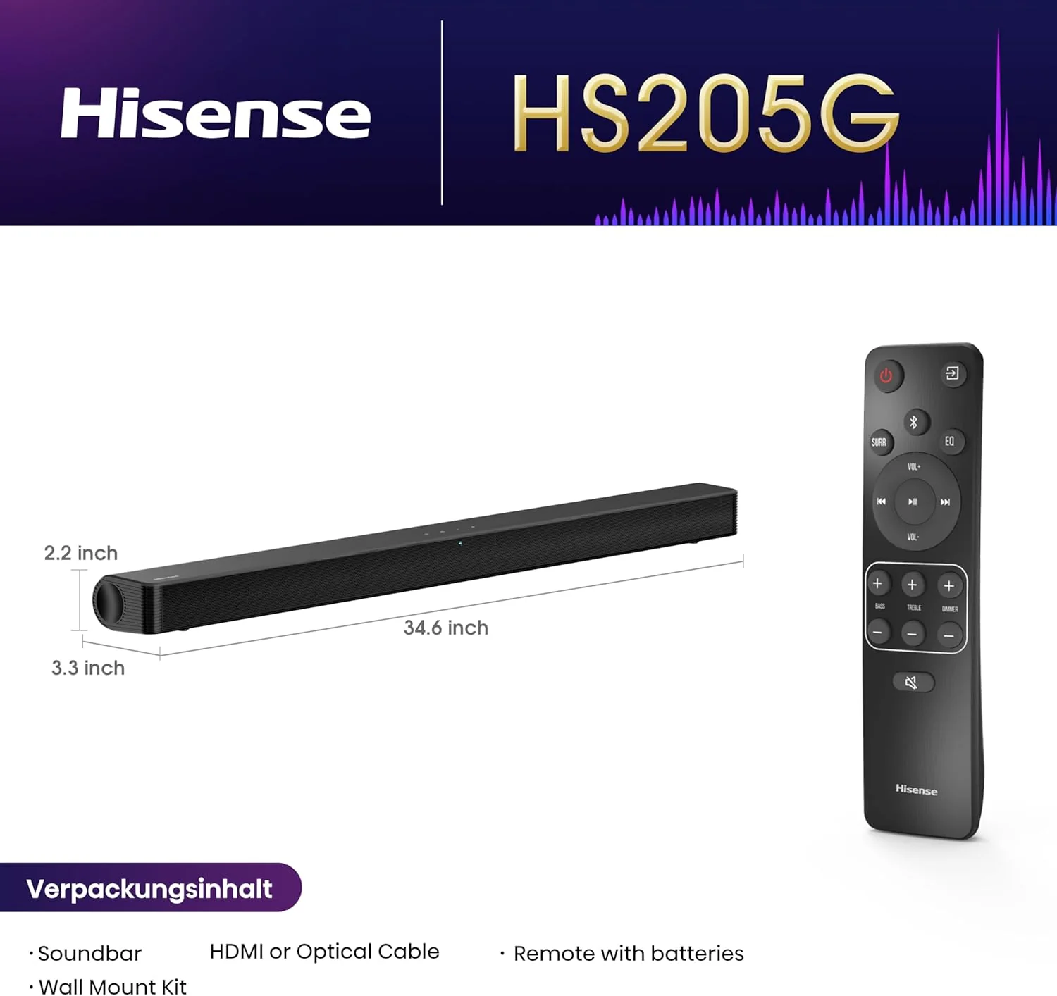 Hisense HS205G 2.0 Kanal Soundbar, 120 Watt, DTS Virtual: X, Bluetooth 5.0, HDMI Arc, USB, Optisch, - Image 2