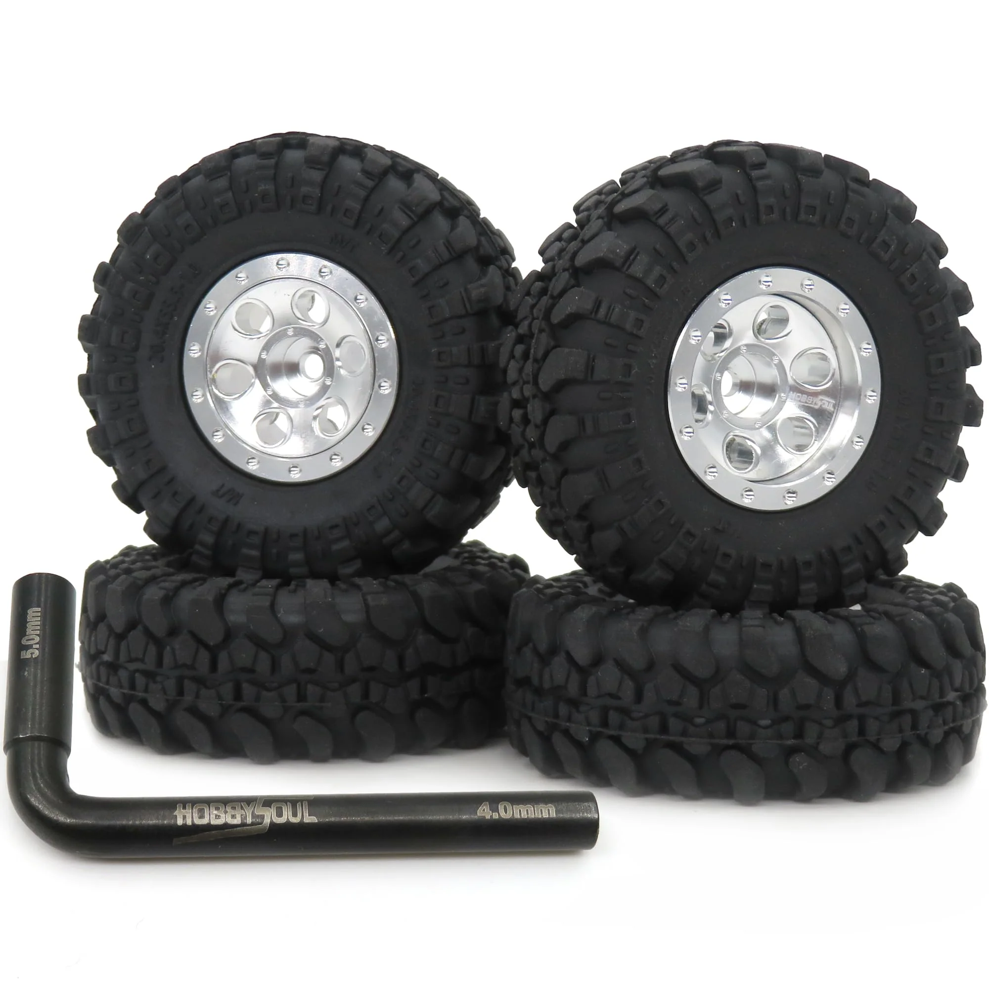 hobbysoul 1/24 Räder und Reifen mit einstellbarem Versatz Silberne Farbe, 1,0 Reifen und 1,0 Beadloc