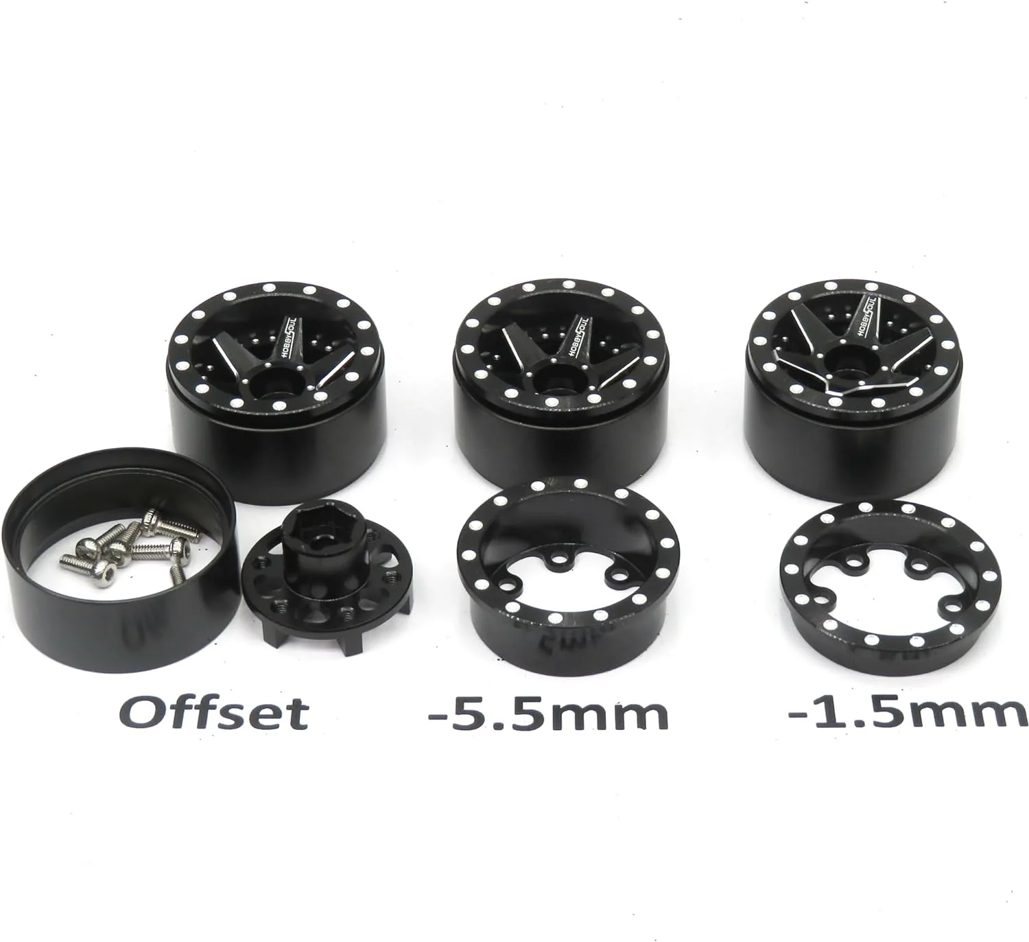 hobbysoul Felgen mit verstellbarem Versatz 1,0 Beadlock Räder Schwarze Farbe, 1/24 Deep Dish Wheels - Image 3