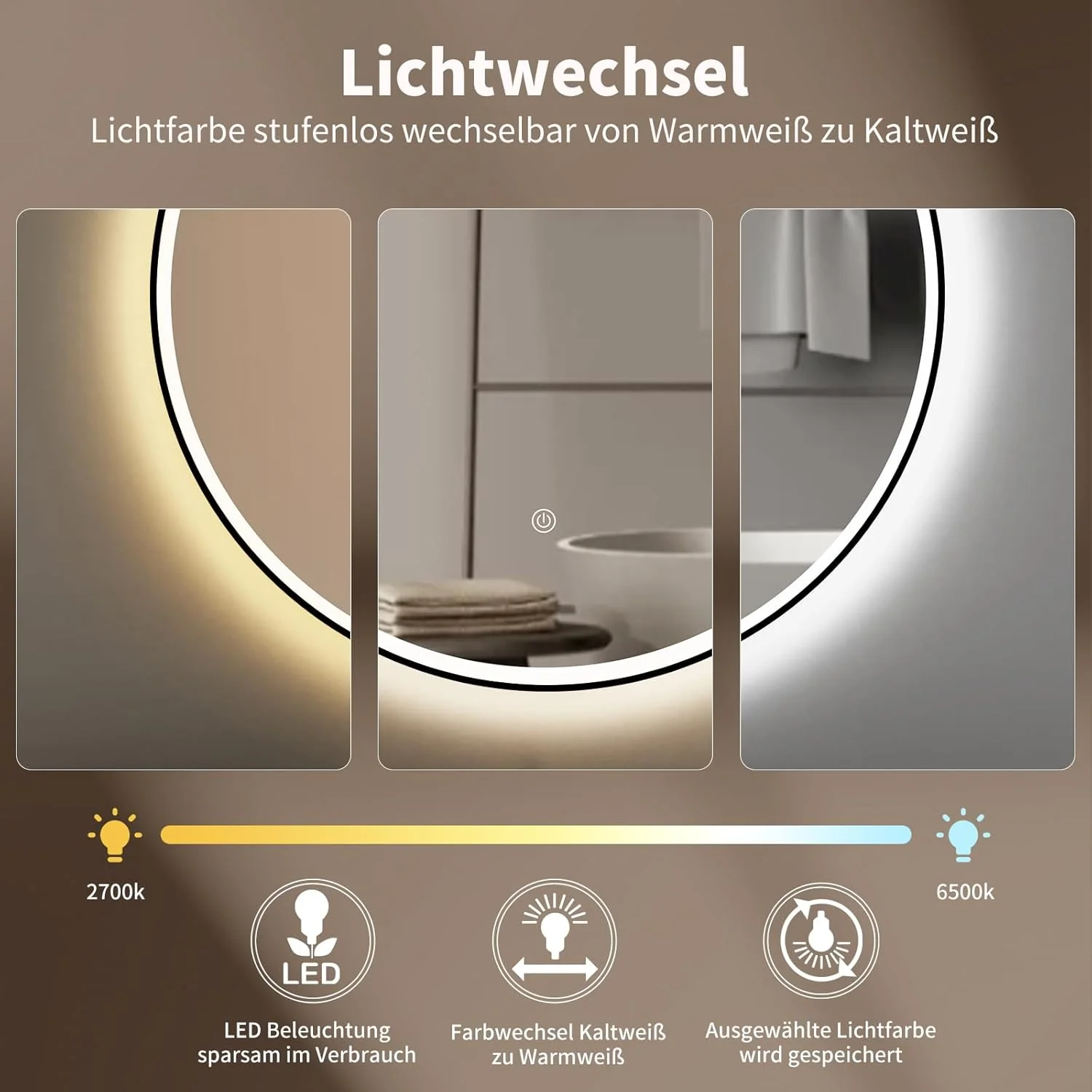 HOKO Design Badspiegel rund 80 cm Amsterdam mit Energiesparend LED Beleuchtung und Metall Rahmen Sch - Image 2