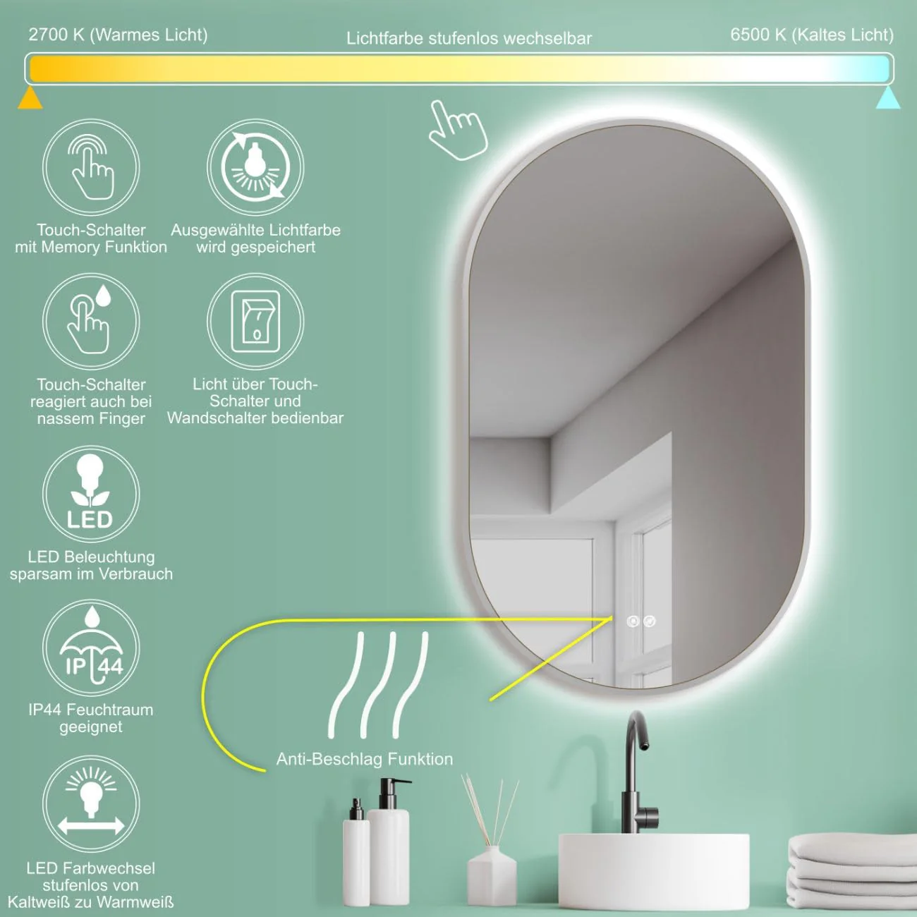 HOKO Design LED Anti-Fog Spiegel oval 60x100 cm / 100x60 cm Savona+ Metall Rahmen Weiss. HOCH+QUER M - Image 2