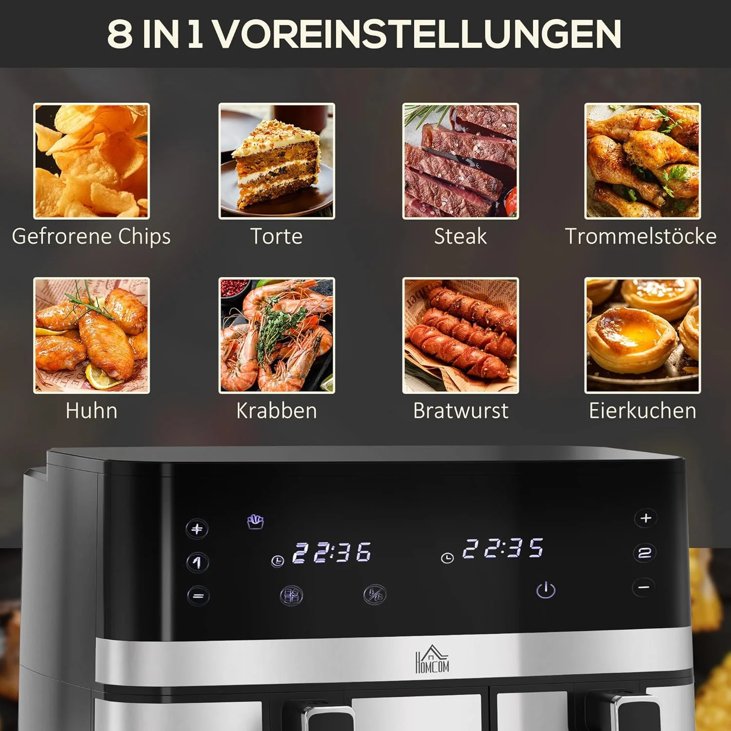 HOMCOM Dual Zone Heissluftfritteuse 8,5 L Airfryer 2700W mit 2 Fächer, 8 Programme, Antihaftbeschich - Image 4