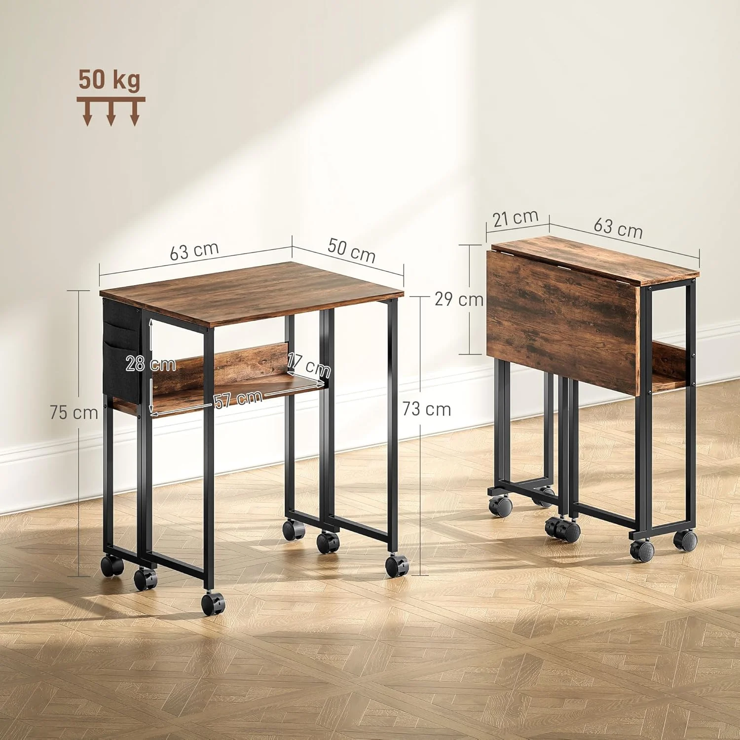 HOMCOM Klapptisch mit Ablagefach und Tasche, 63 cm Faltbarer Computertisch für kleine Räume, platzsp - Image 3