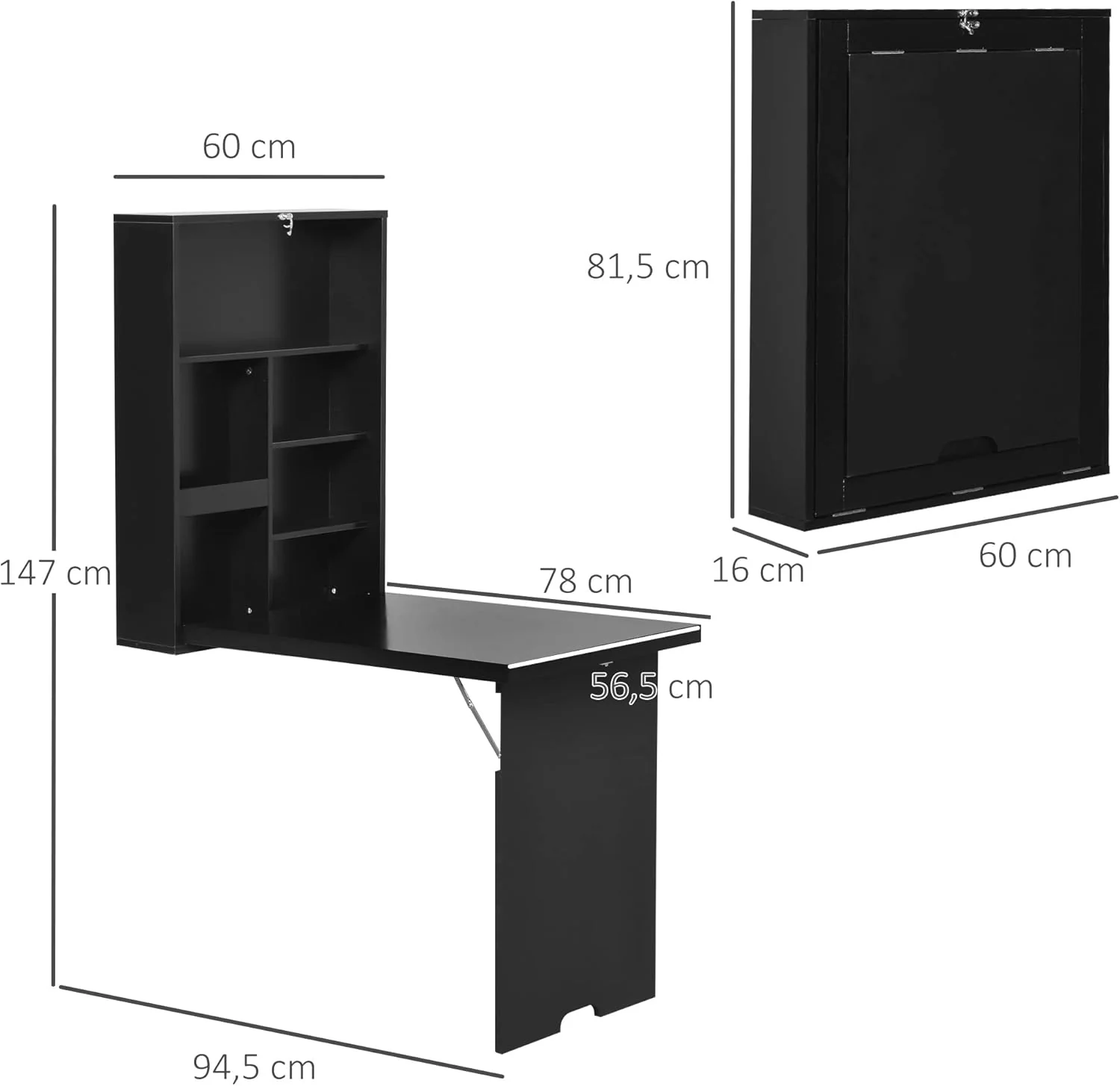 HOMCOM Wandtisch Wandklapptisch Klappschreibtisch mit Tafel Klappbarer Computertisch für Büro Schwar - Image 3