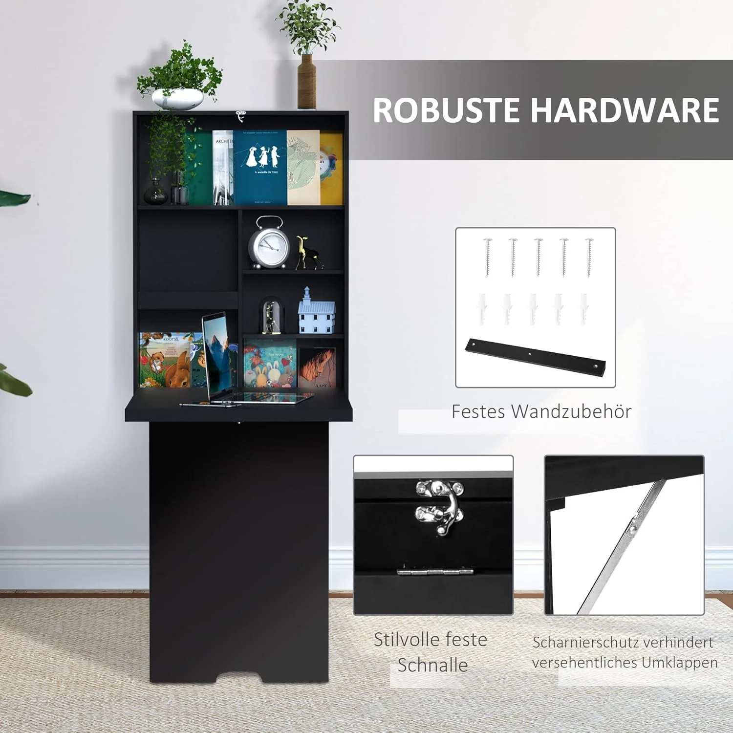 HOMCOM Wandtisch Wandklapptisch Klappschreibtisch mit Tafel Klappbarer Computertisch für Büro Schwar - Image 4